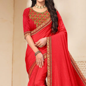 Red Solid Vichitra Silk Saree - Peachmode