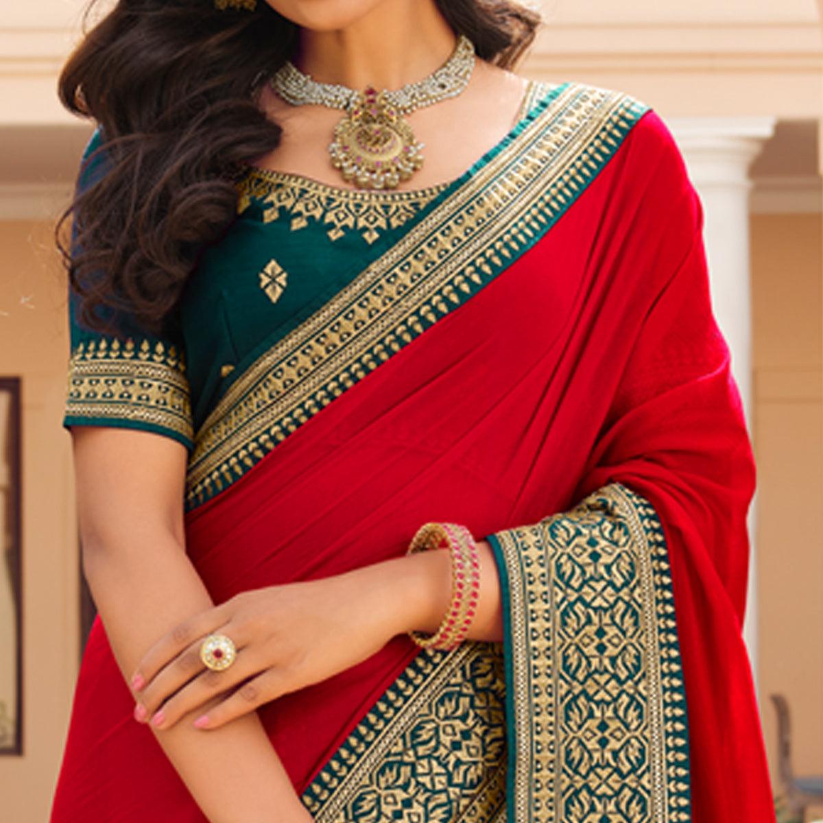 Red Solid Vichitra Silk Saree With Tassels - Peachmode