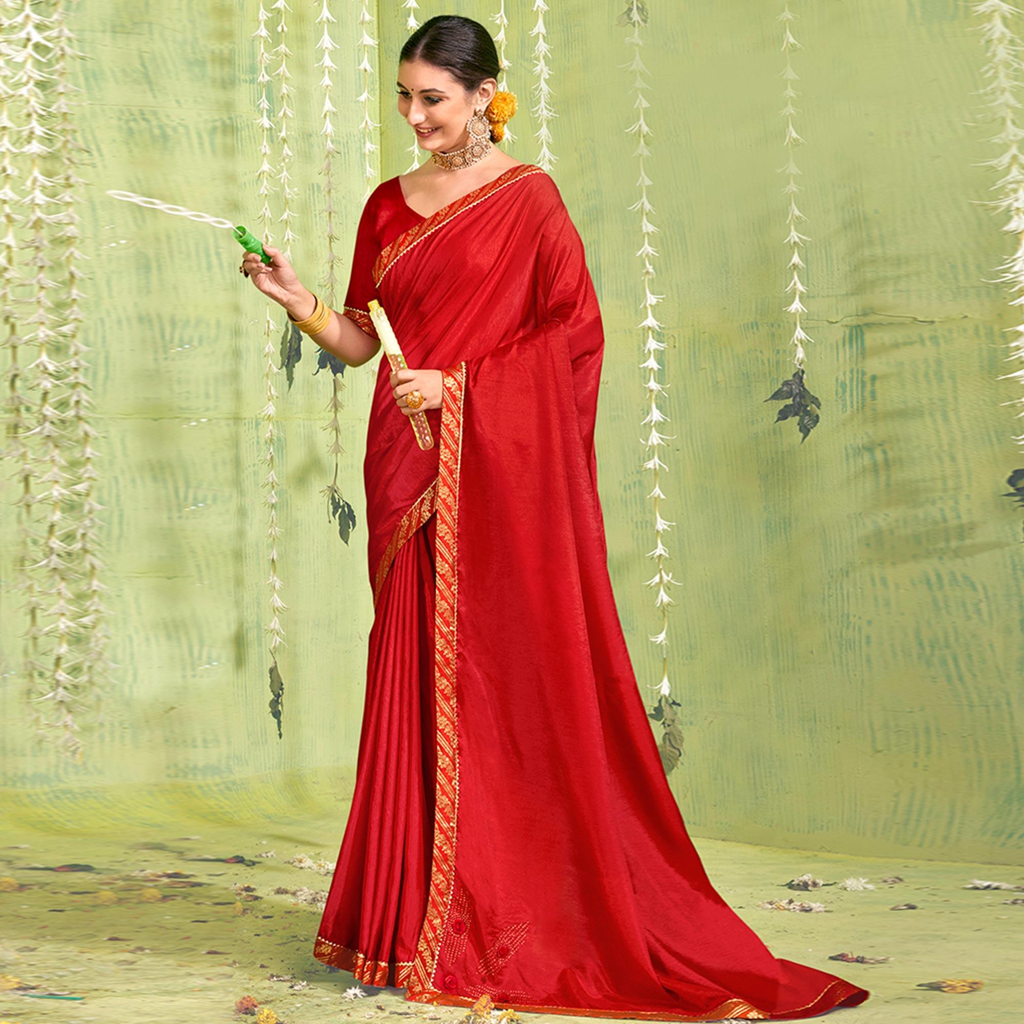 Red Solid With Fancy Border Vichitra Silk Saree - Peachmode