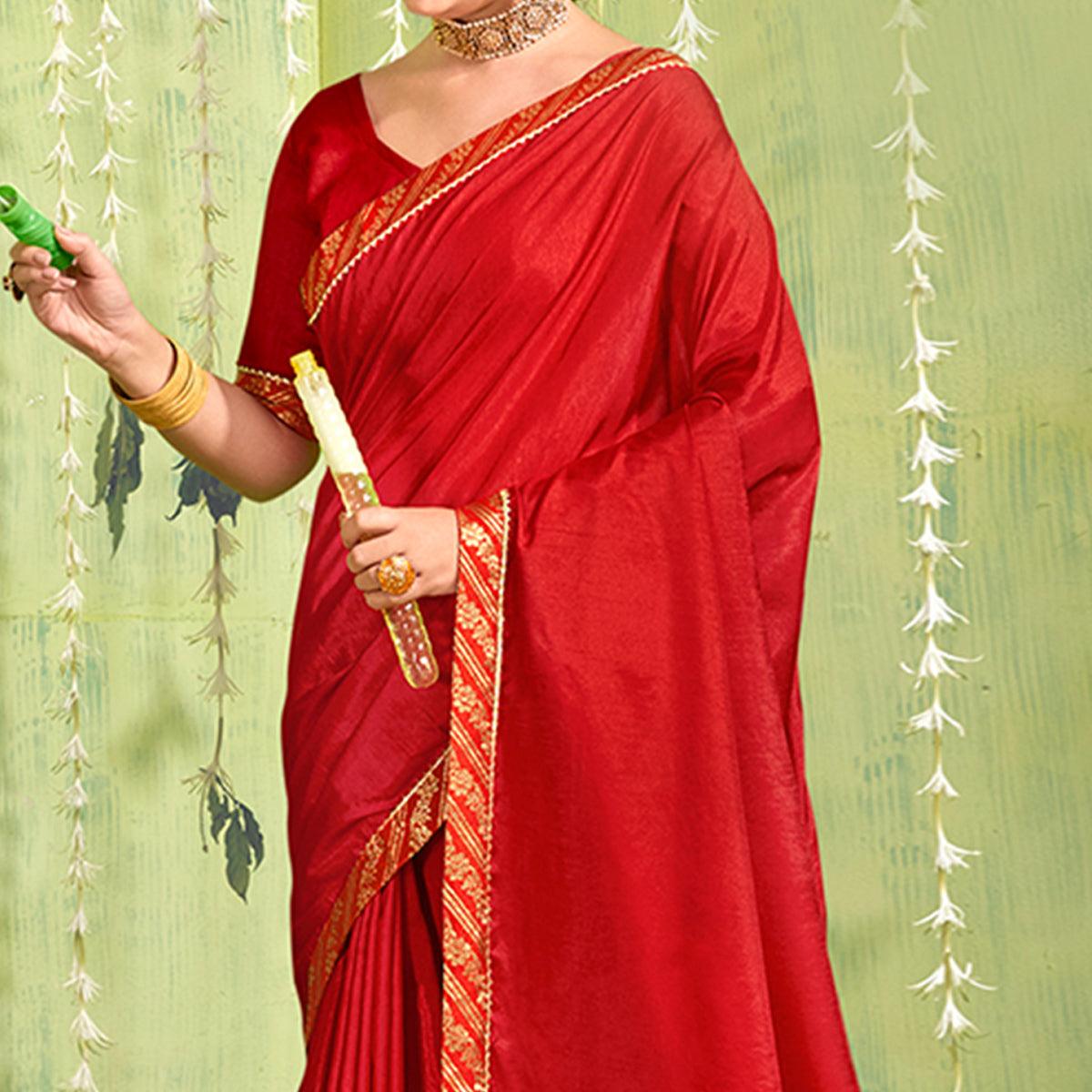 Red Solid With Fancy Border Vichitra Silk Saree - Peachmode