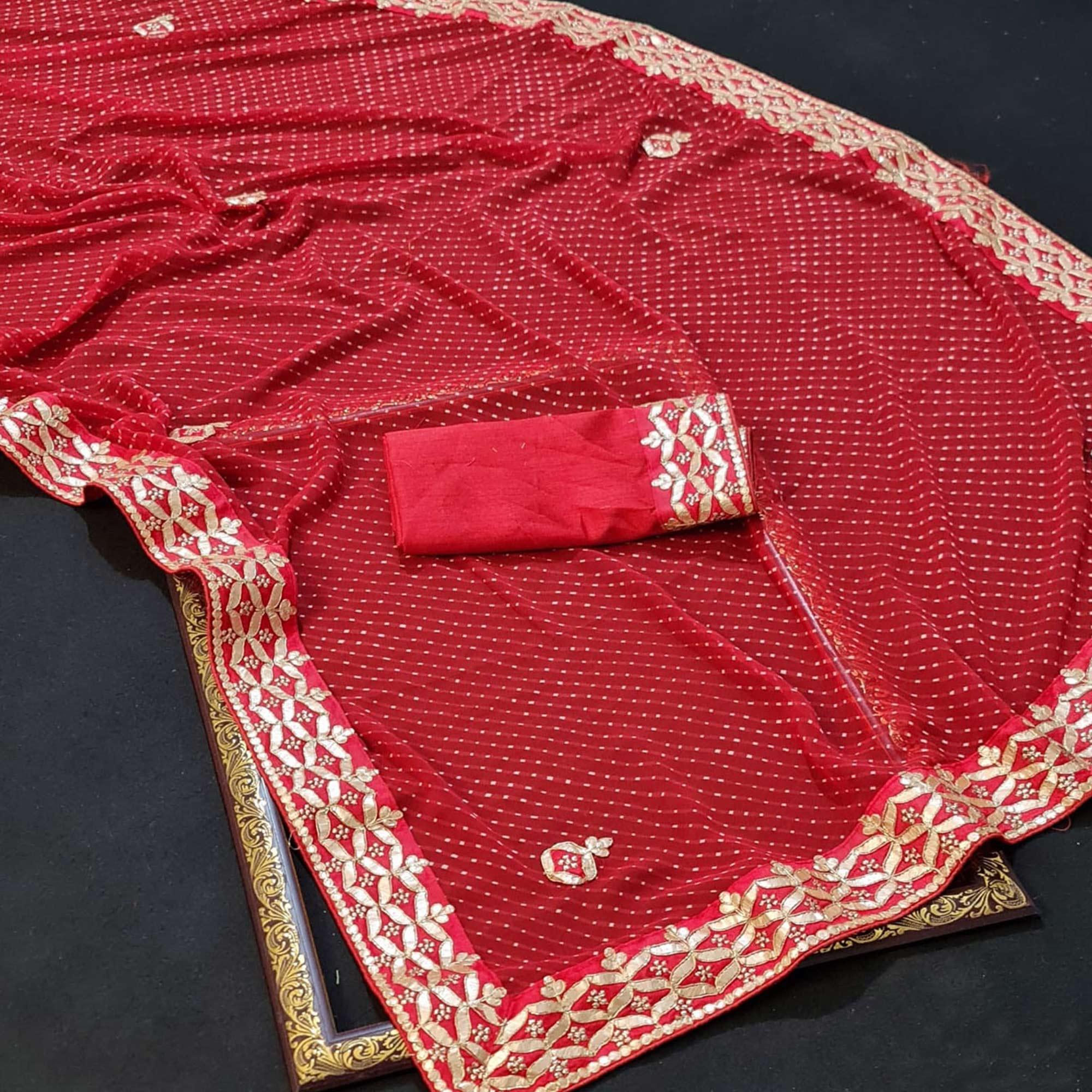 Red Stripe Printed Georgette Saree - Peachmode