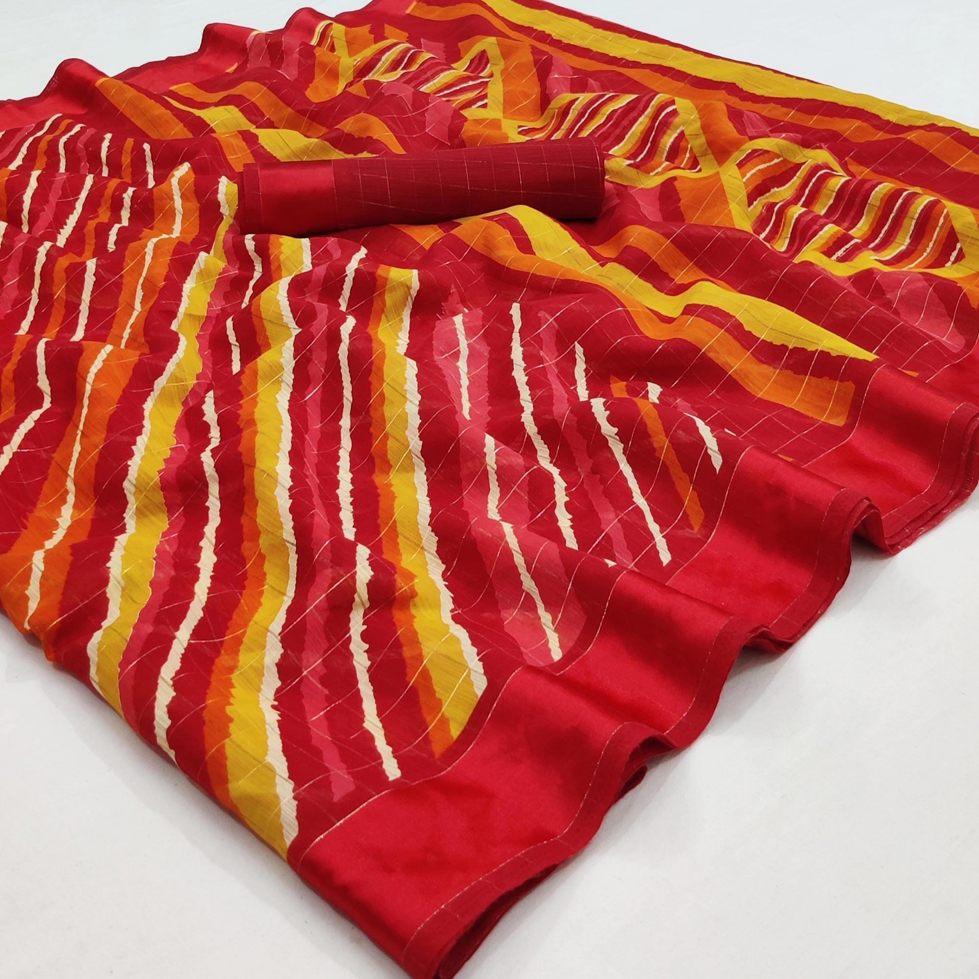Red Stripe Printed Linen Saree - Peachmode
