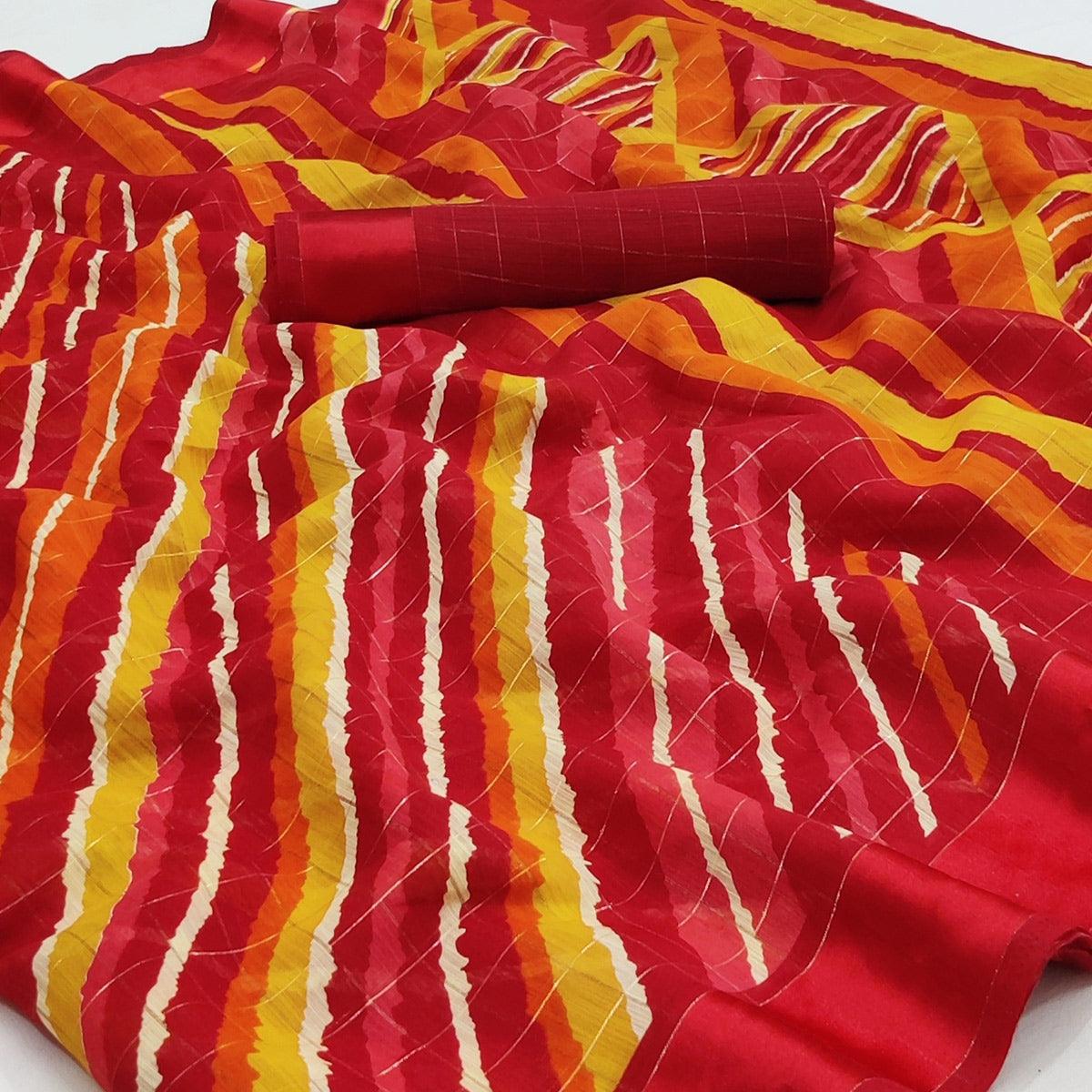 Red Stripe Printed Linen Saree - Peachmode