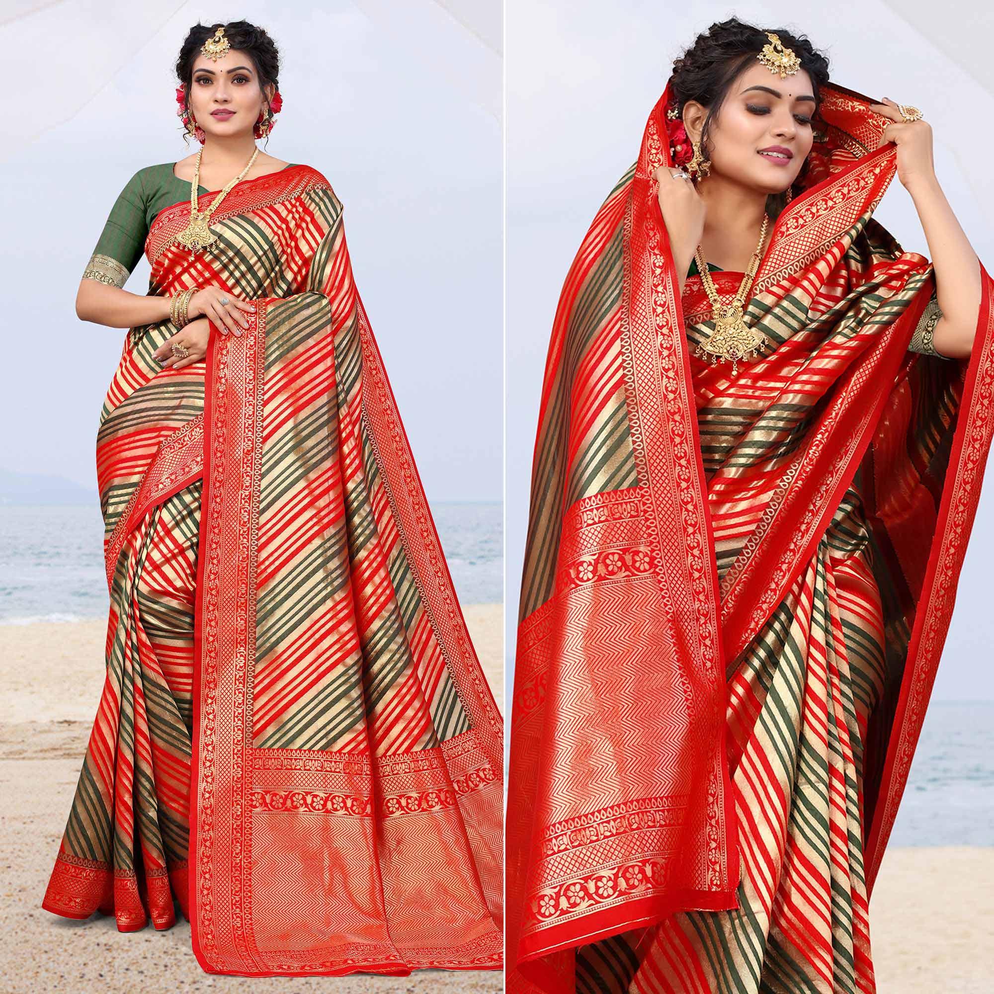Red Stripe Printed Silk Saree - Peachmode