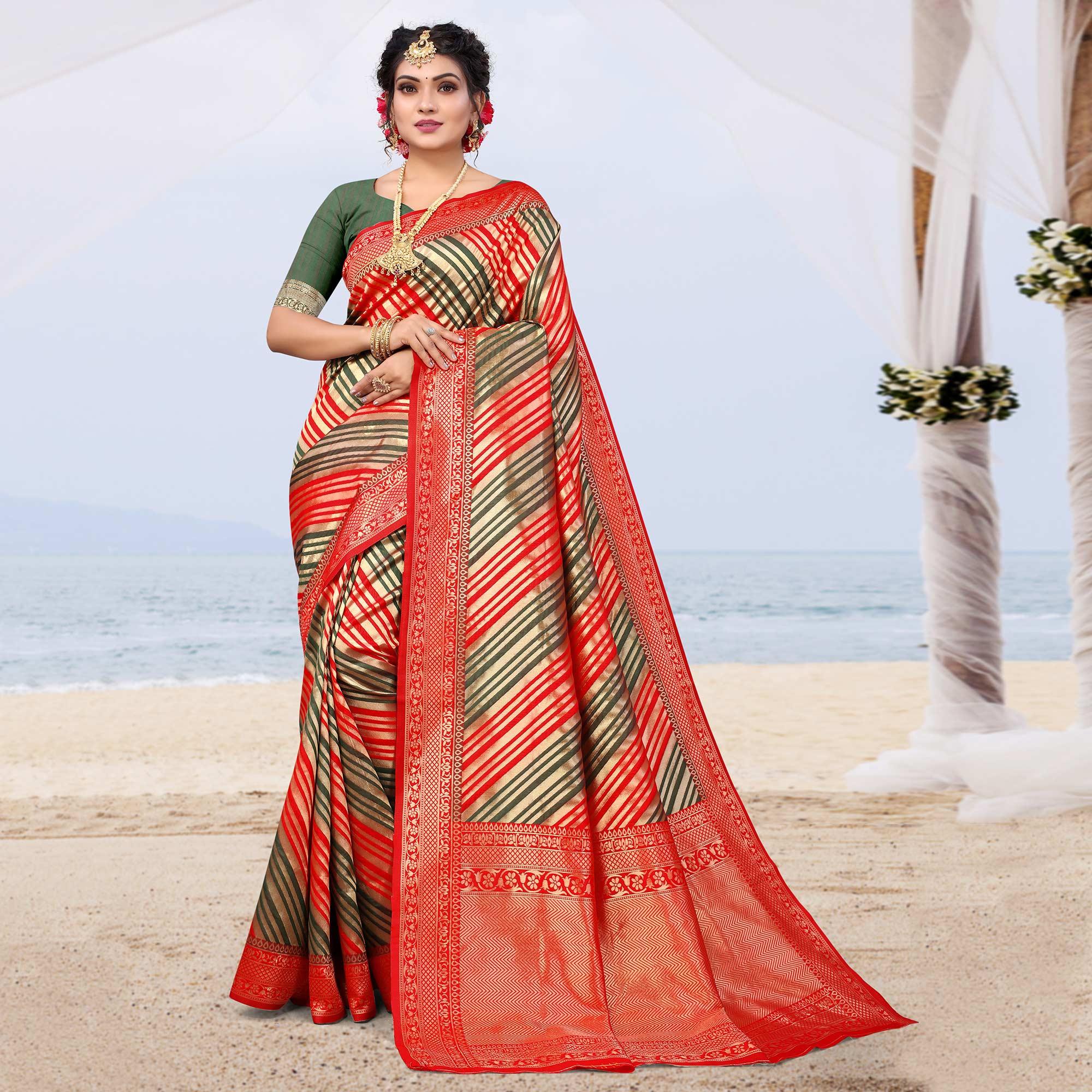 Red Stripe Printed Silk Saree - Peachmode