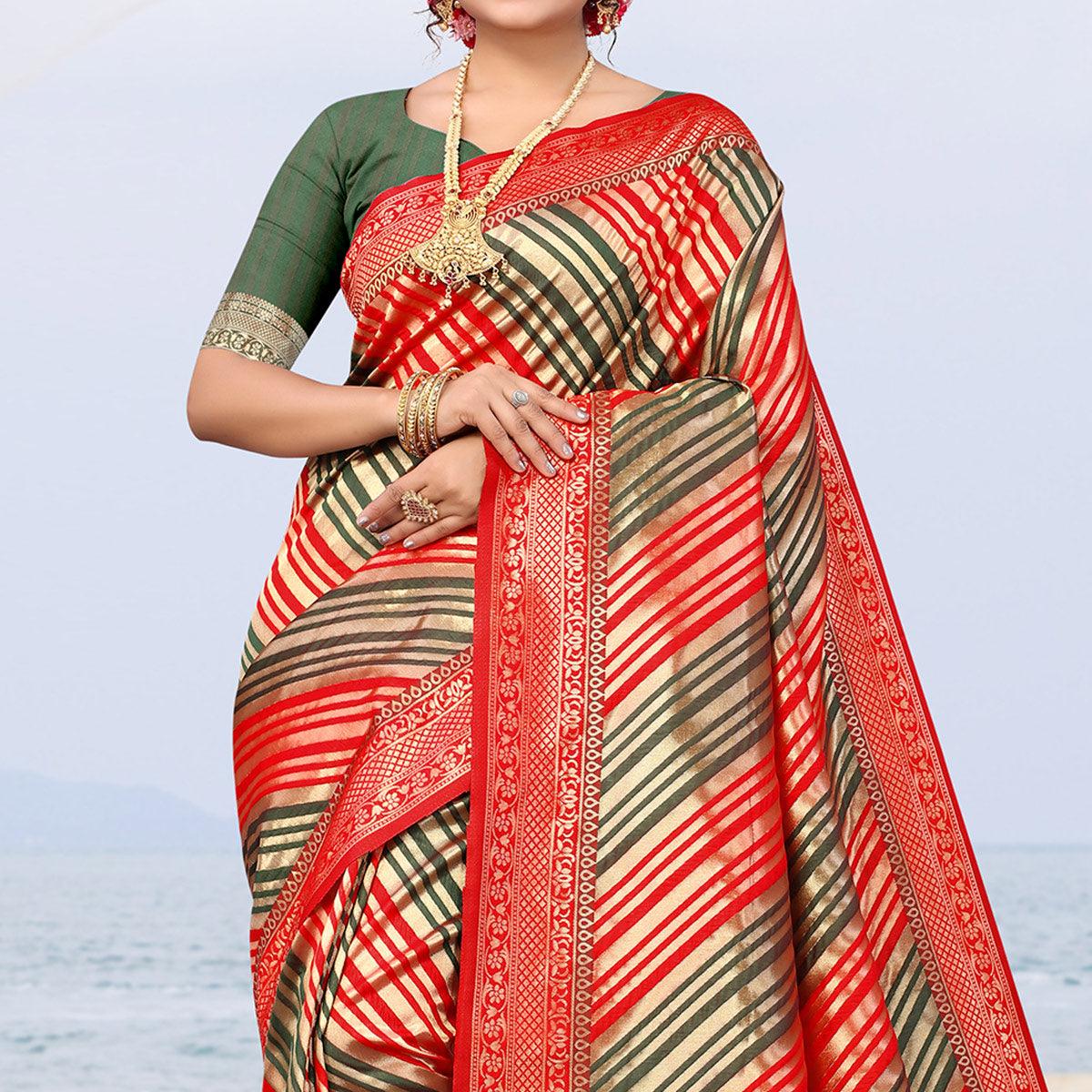Red Stripe Printed Silk Saree - Peachmode