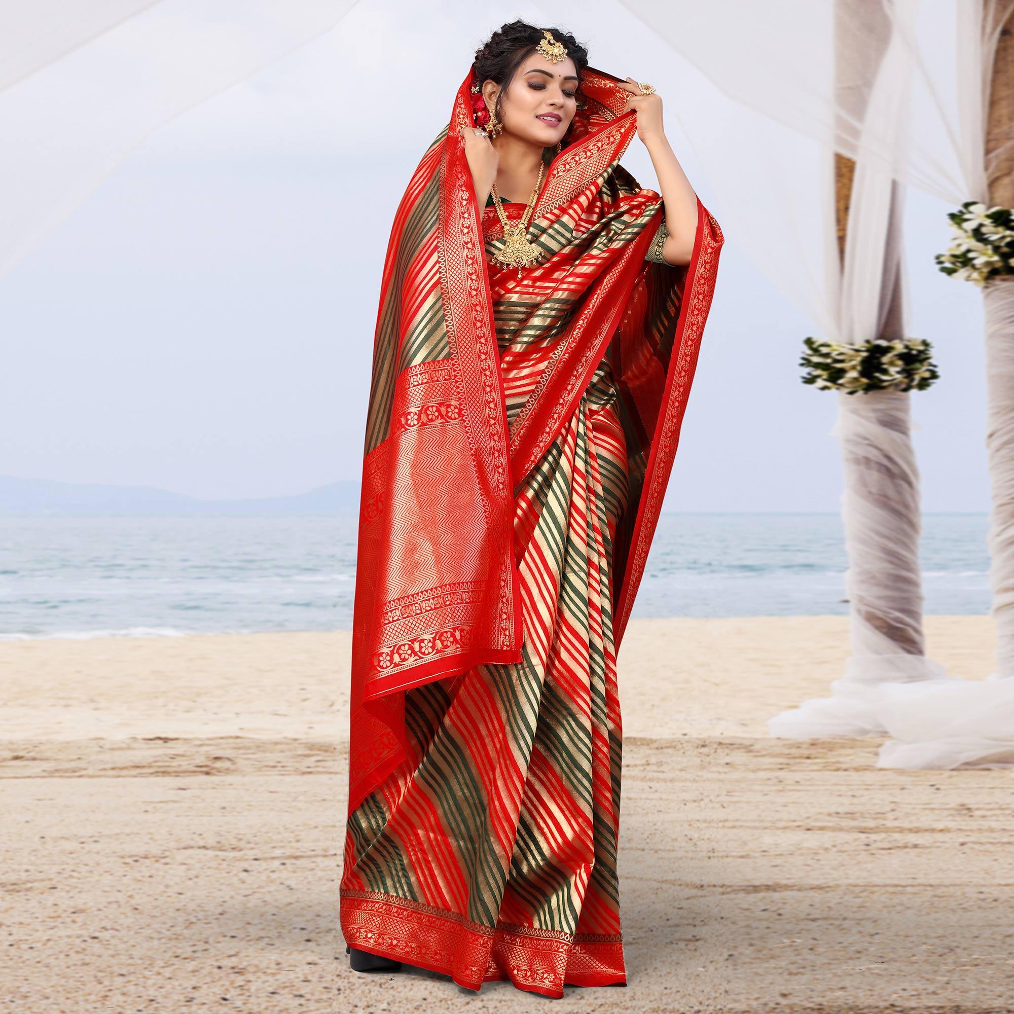 Red Stripe Printed Silk Saree - Peachmode
