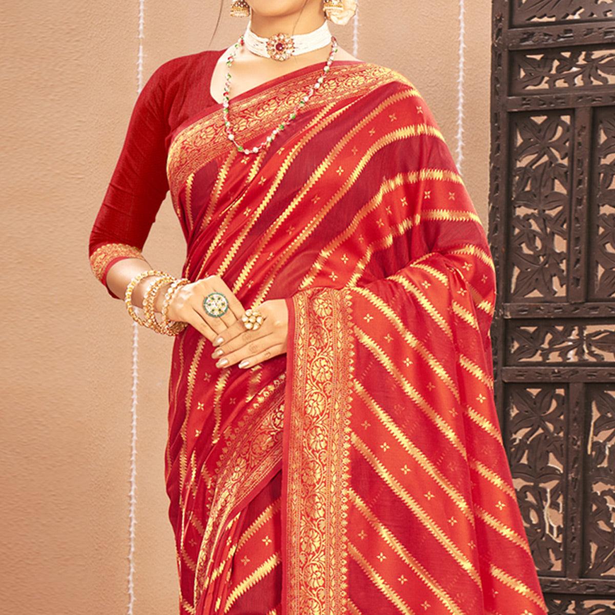 Red Stripe With Woven Art Silk Saree - Peachmode