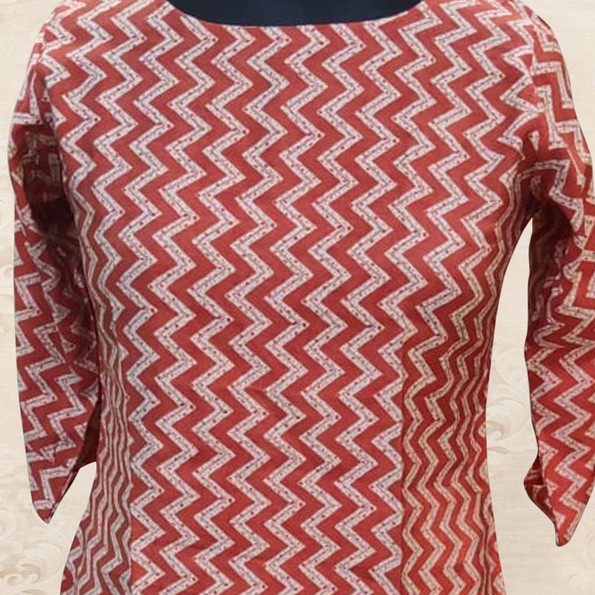 Red Striped Printed Chanderi Top - Peachmode