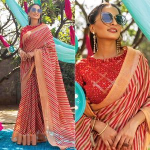 Red Striped Printed Cotton Saree With Tassels - Peachmode