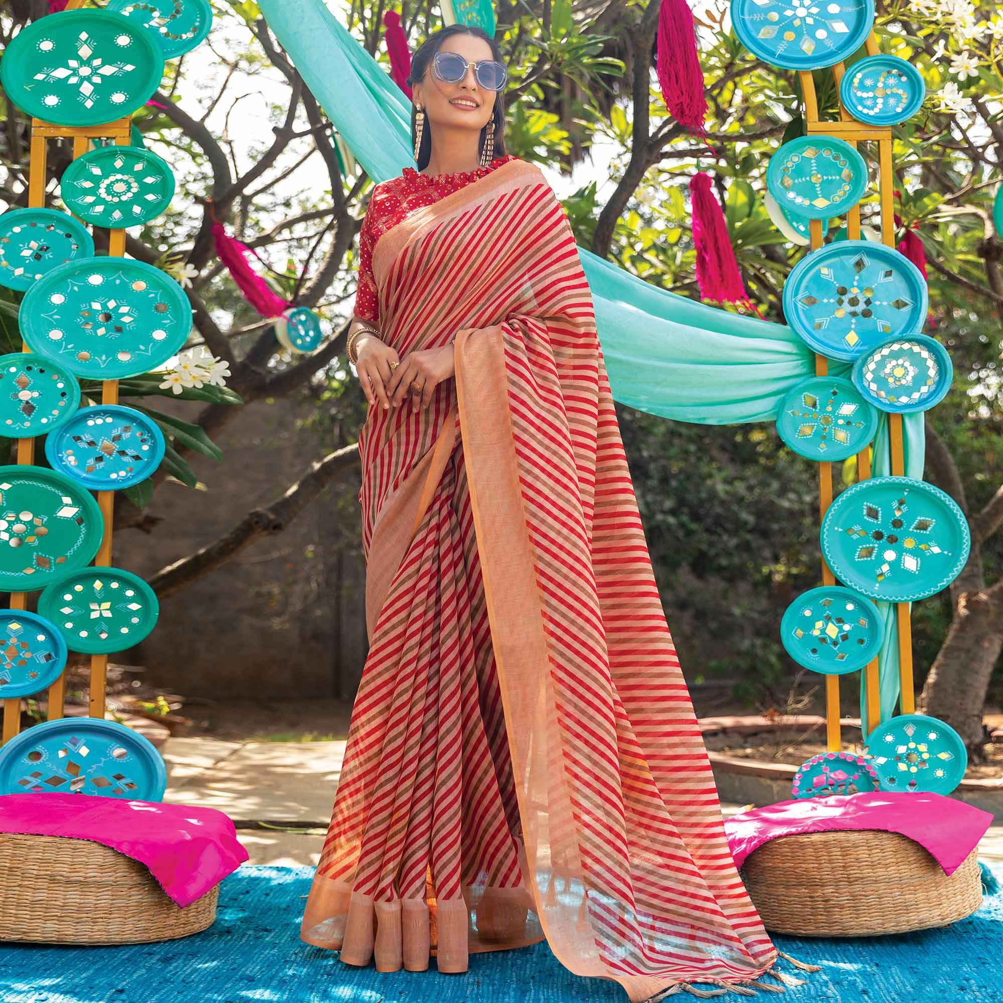 Red Striped Printed Cotton Saree With Tassels - Peachmode