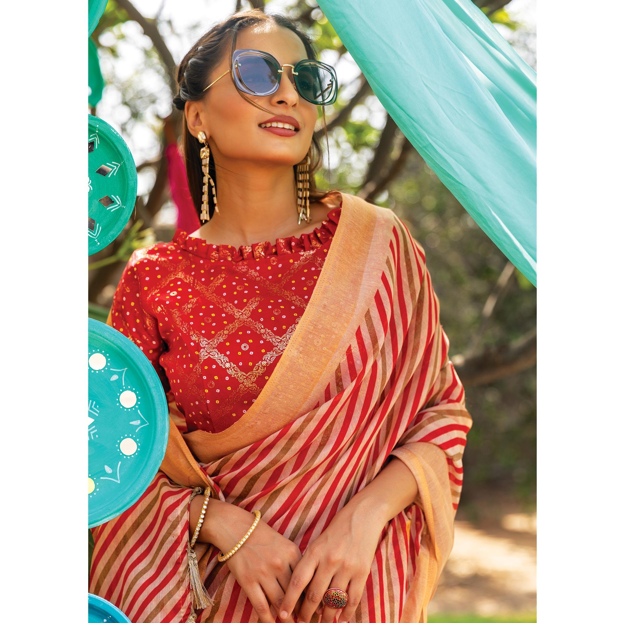 Red Striped Printed Cotton Saree With Tassels - Peachmode