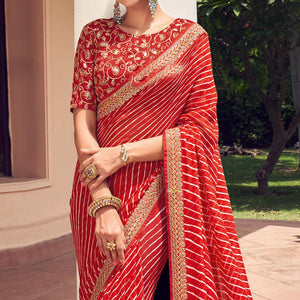 Red Striped Printed Georgette Saree - Peachmode