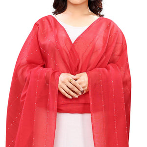 Red Stripes Woven Sequence Festive Wear Cotton Silk Dupatta - Peachmode