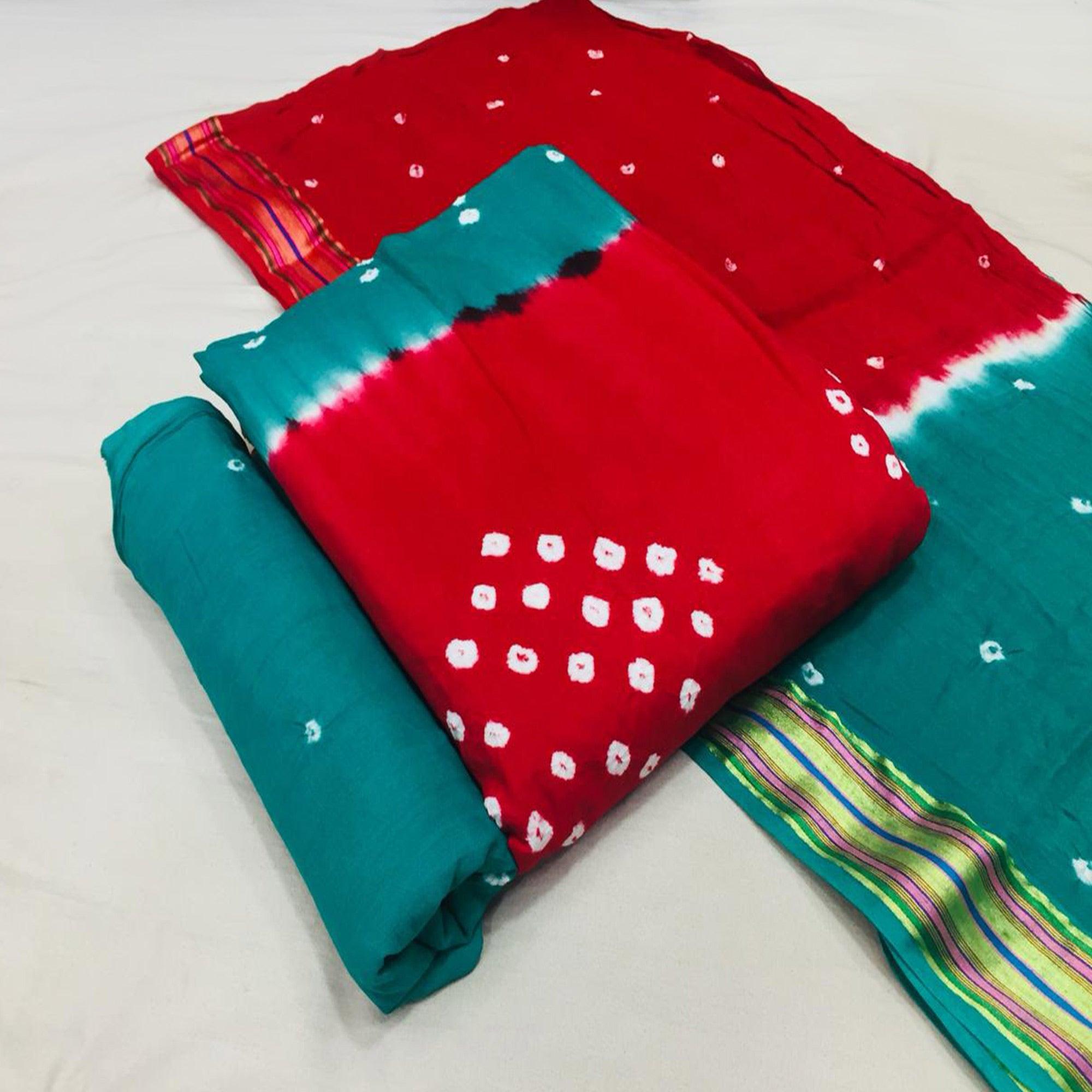 Red-Turquoise Bandhani Printed Cotton Blend Dress Material - Peachmode