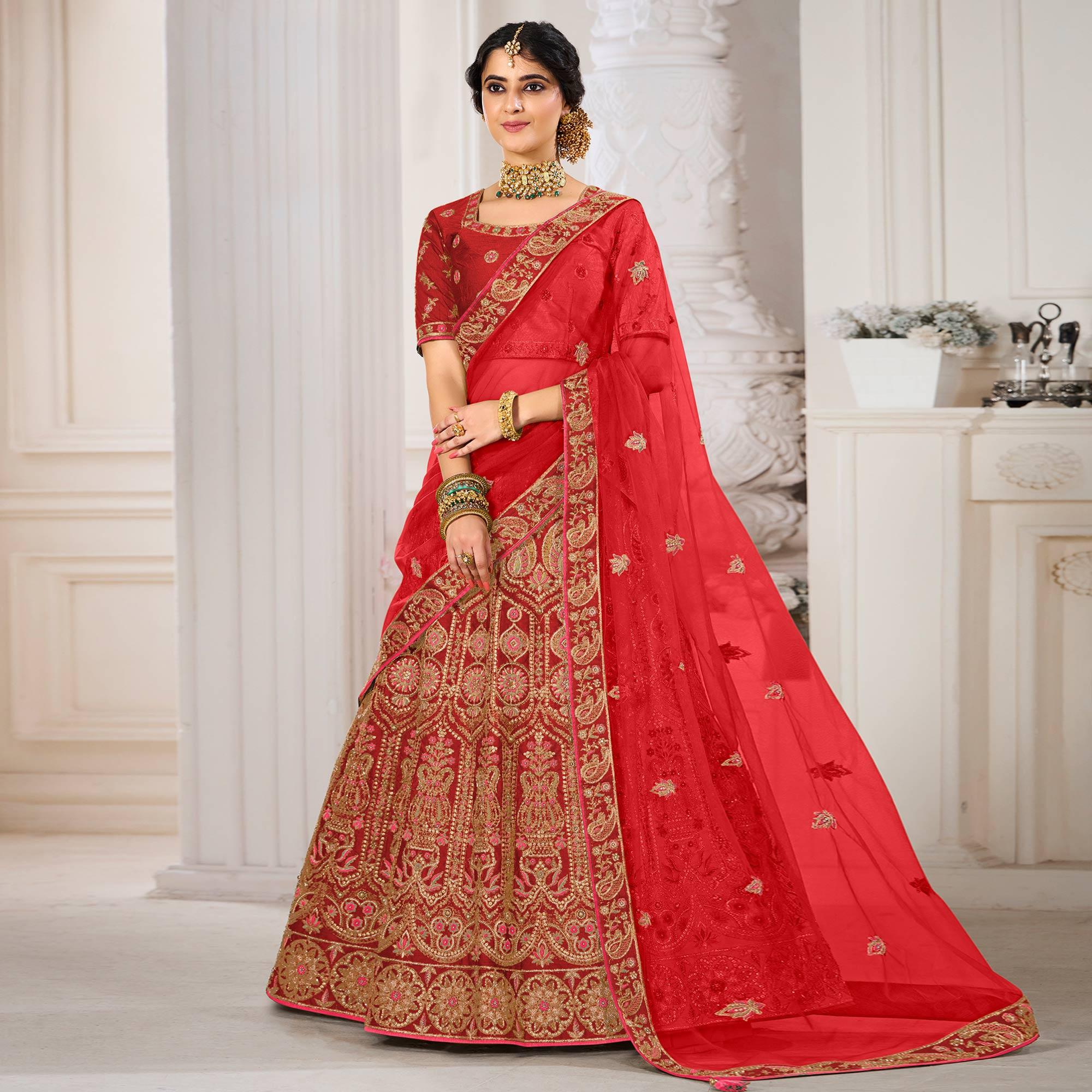 Red Wedding Wear Embroidered Silk Lehenga Choli - Peachmode