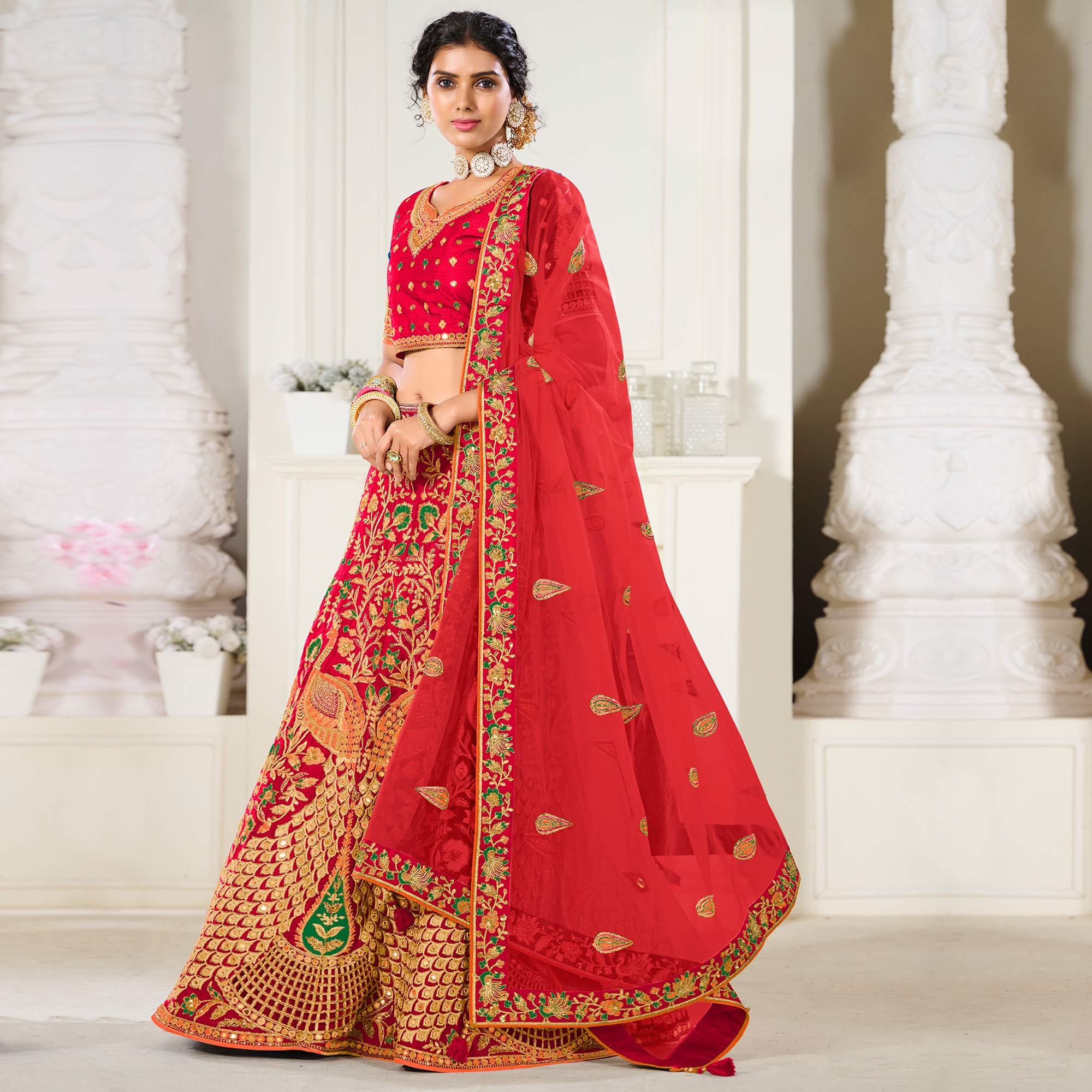 Red Wedding Wear Embroidered Silk Lehenga Choli - Peachmode