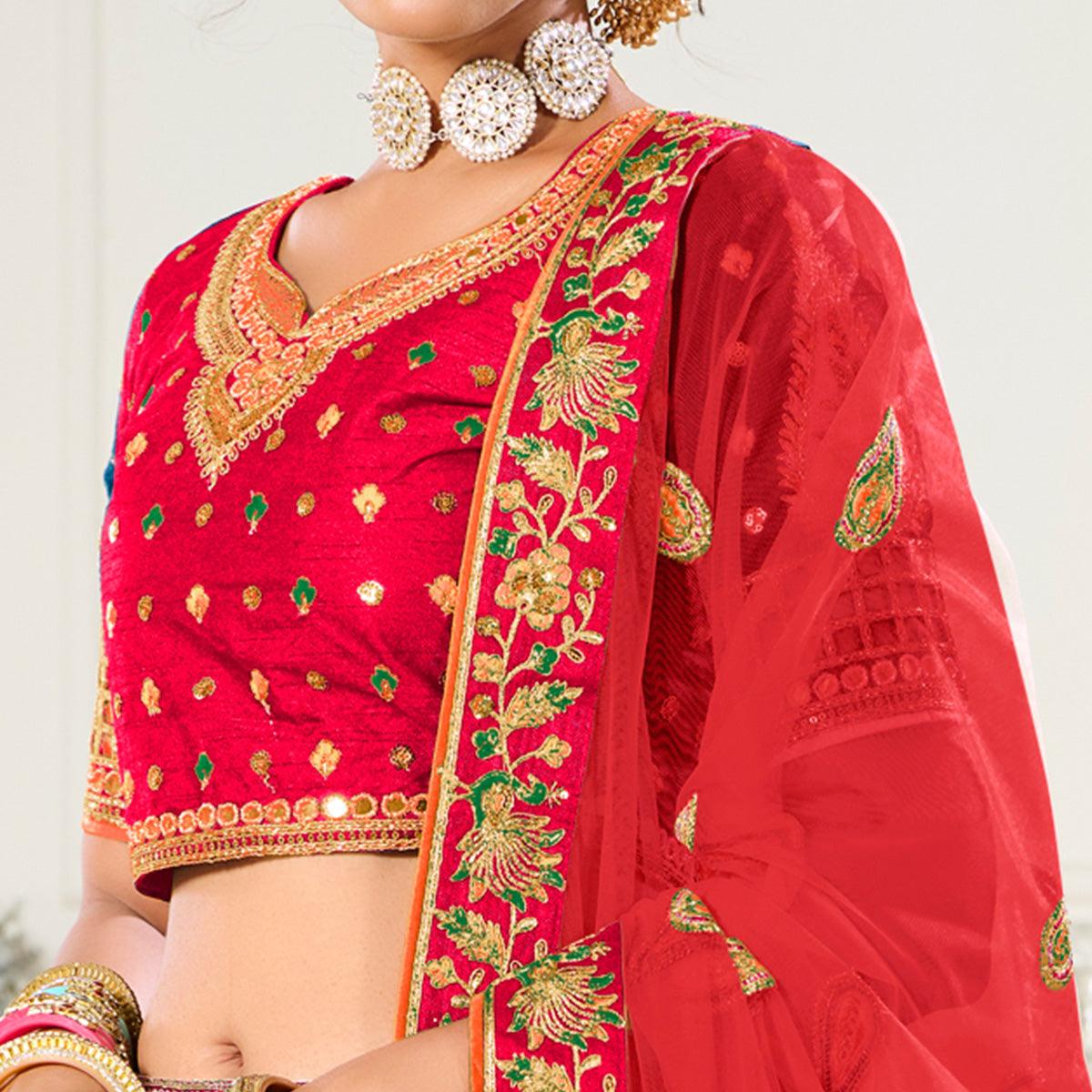 Red Wedding Wear Embroidered Silk Lehenga Choli - Peachmode
