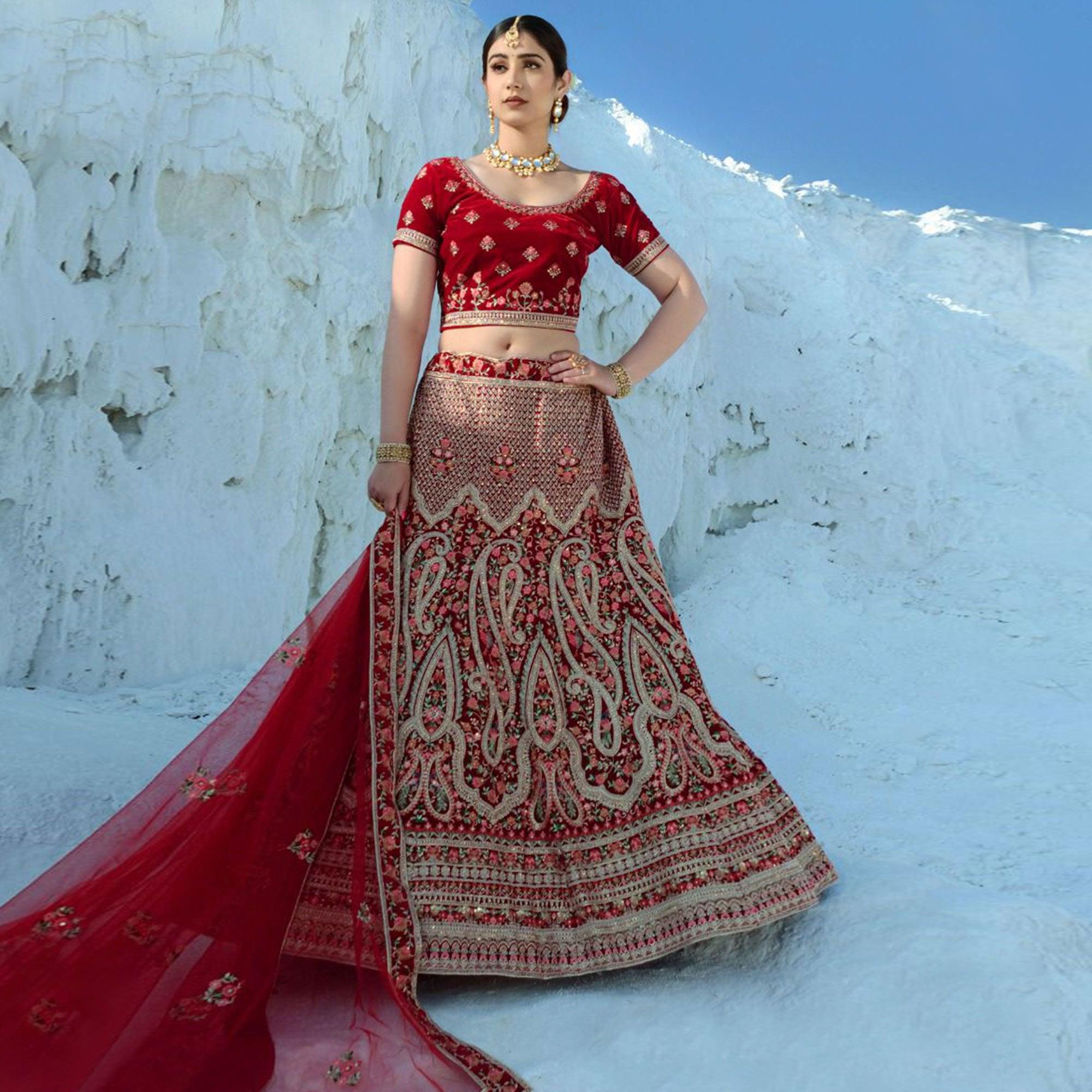 Red Wedding Wear Embroidered Velvet Lehenga Choli - Peachmode