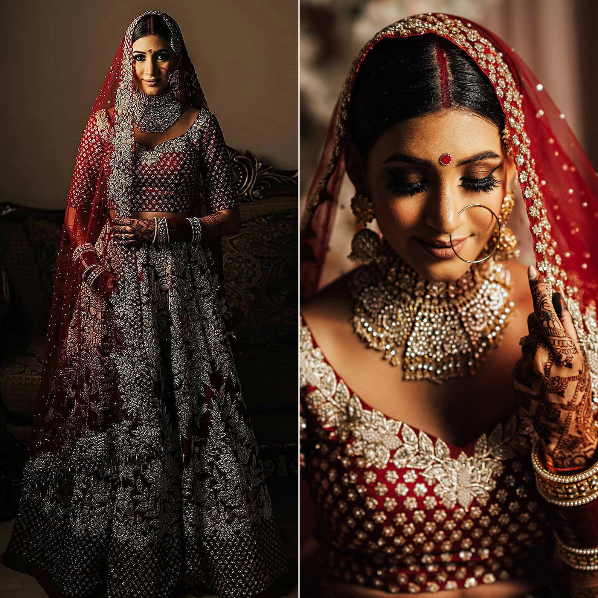 Red Wedding Wear Floral Heavy Embroidered With Embellished Velvet Lehenga Choli - Peachmode