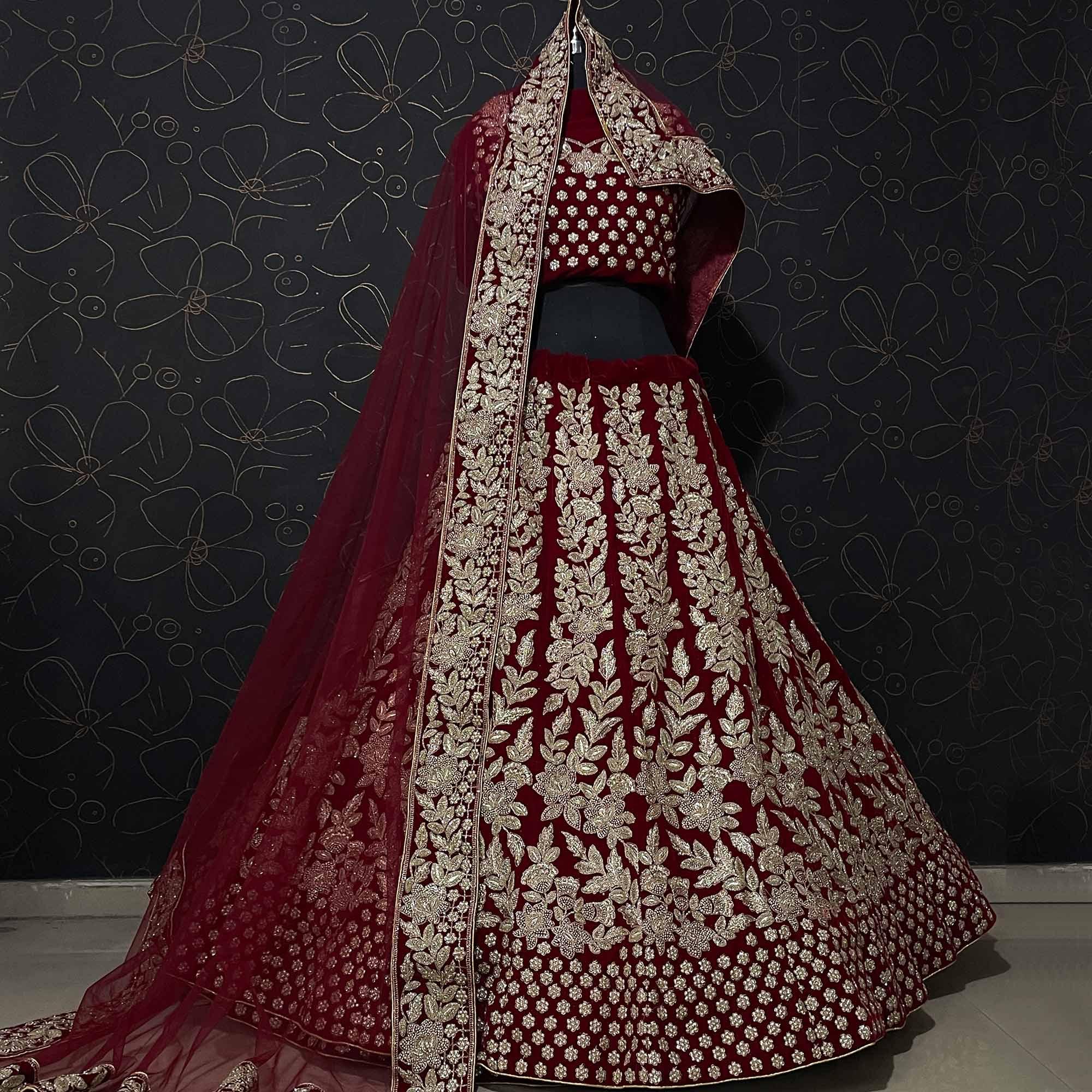 Red Wedding Wear Floral Heavy Embroidered With Embellished Velvet Lehenga Choli - Peachmode