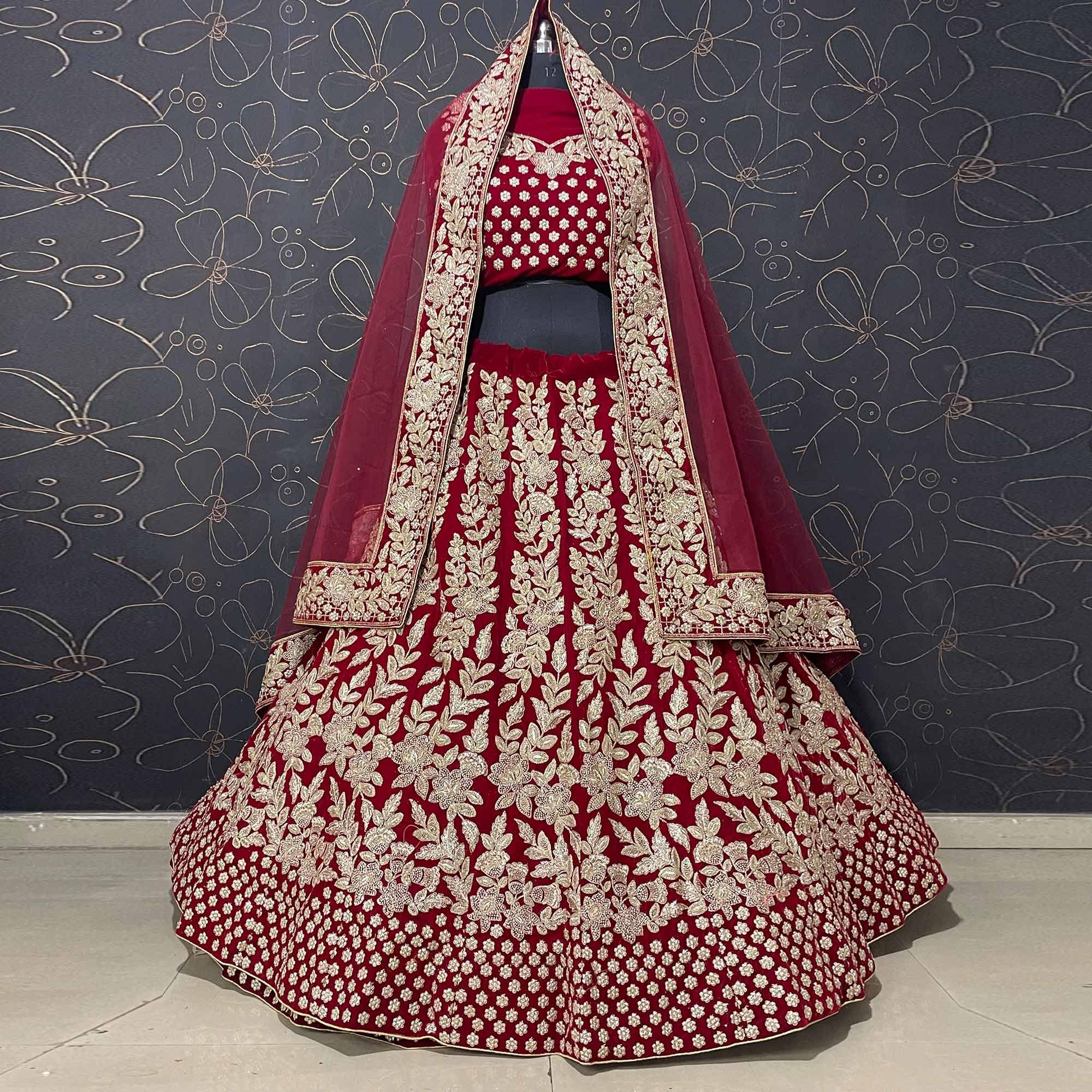 Red Wedding Wear Floral Heavy Embroidered With Embellished Velvet Lehenga Choli - Peachmode
