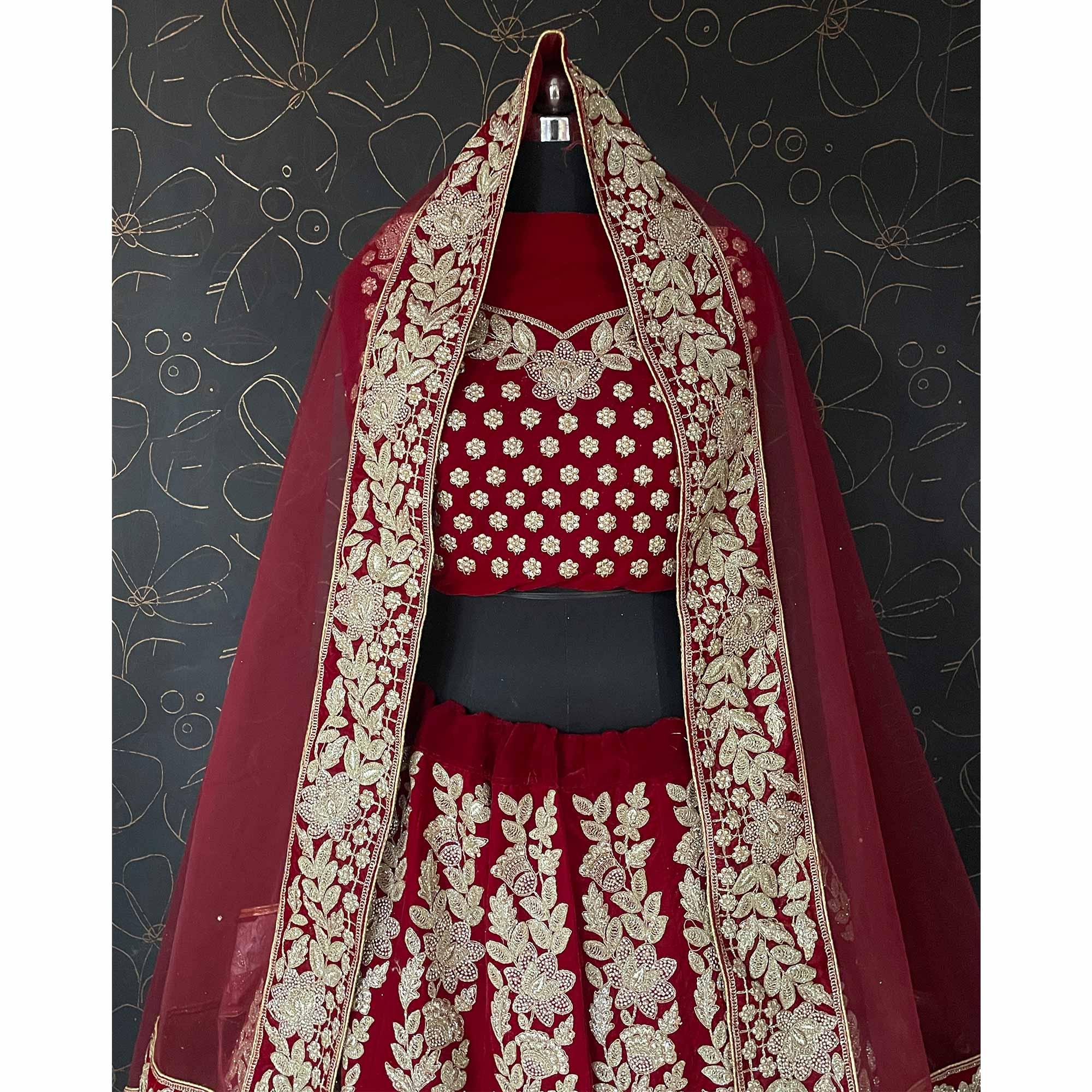 Red Wedding Wear Floral Heavy Embroidered With Embellished Velvet Lehenga Choli - Peachmode