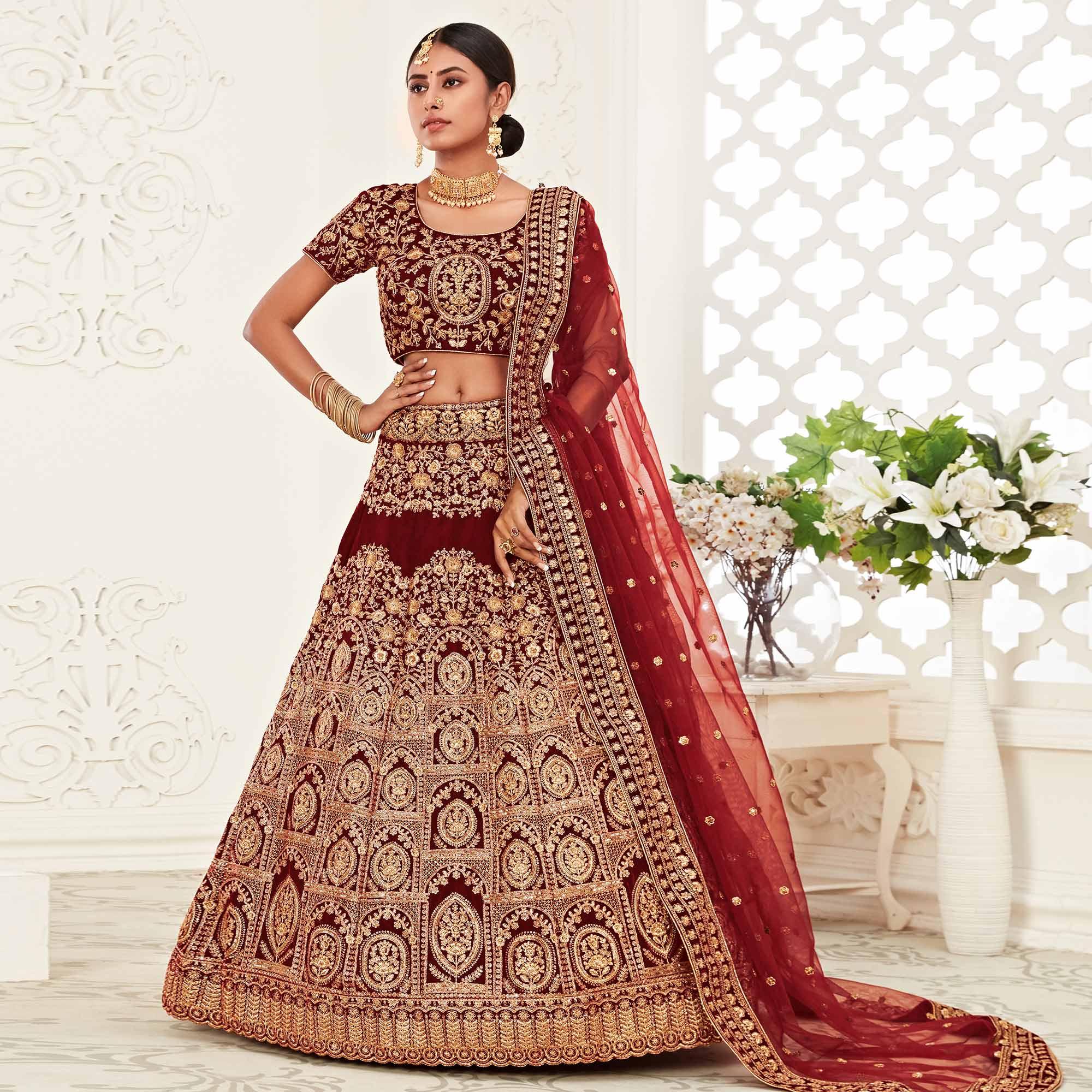 Red Wedding Wear Floral Sequins Embroidered Velvet Lehenga Choli - Peachmode