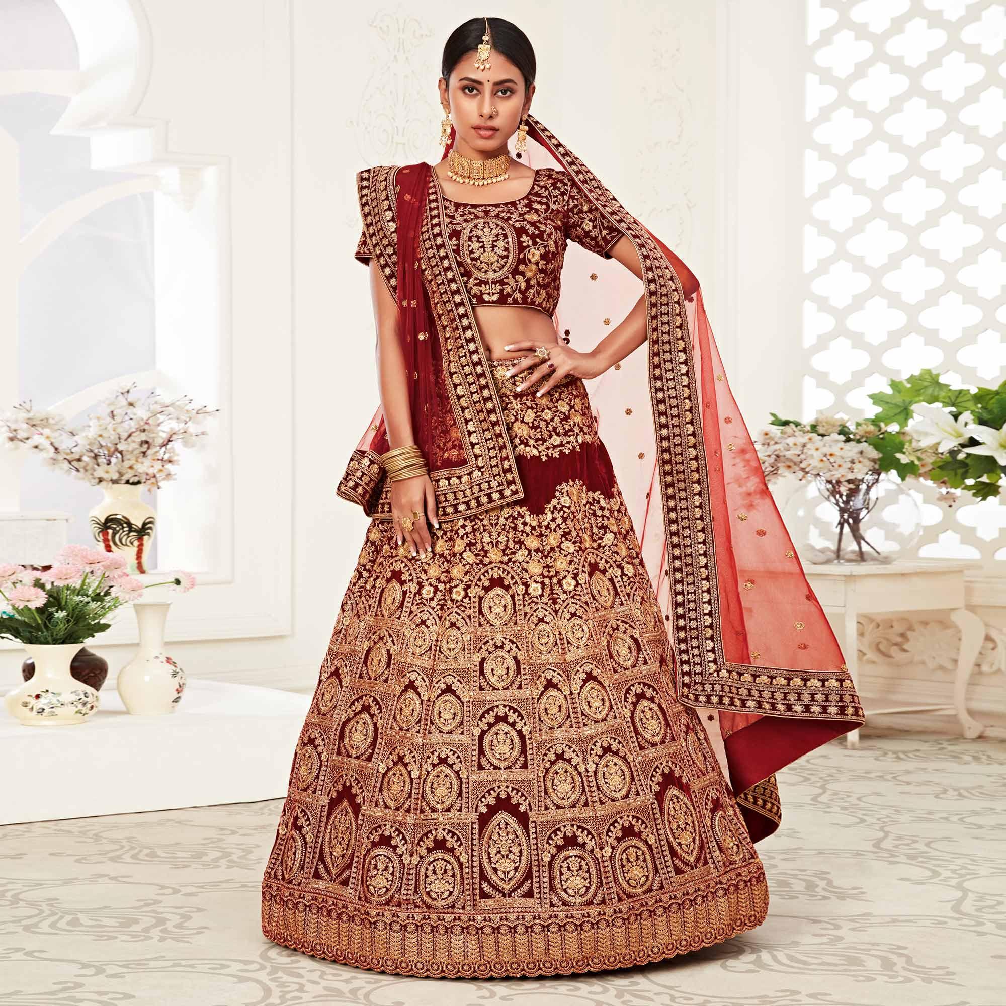 Red Wedding Wear Floral Sequins Embroidered Velvet Lehenga Choli - Peachmode