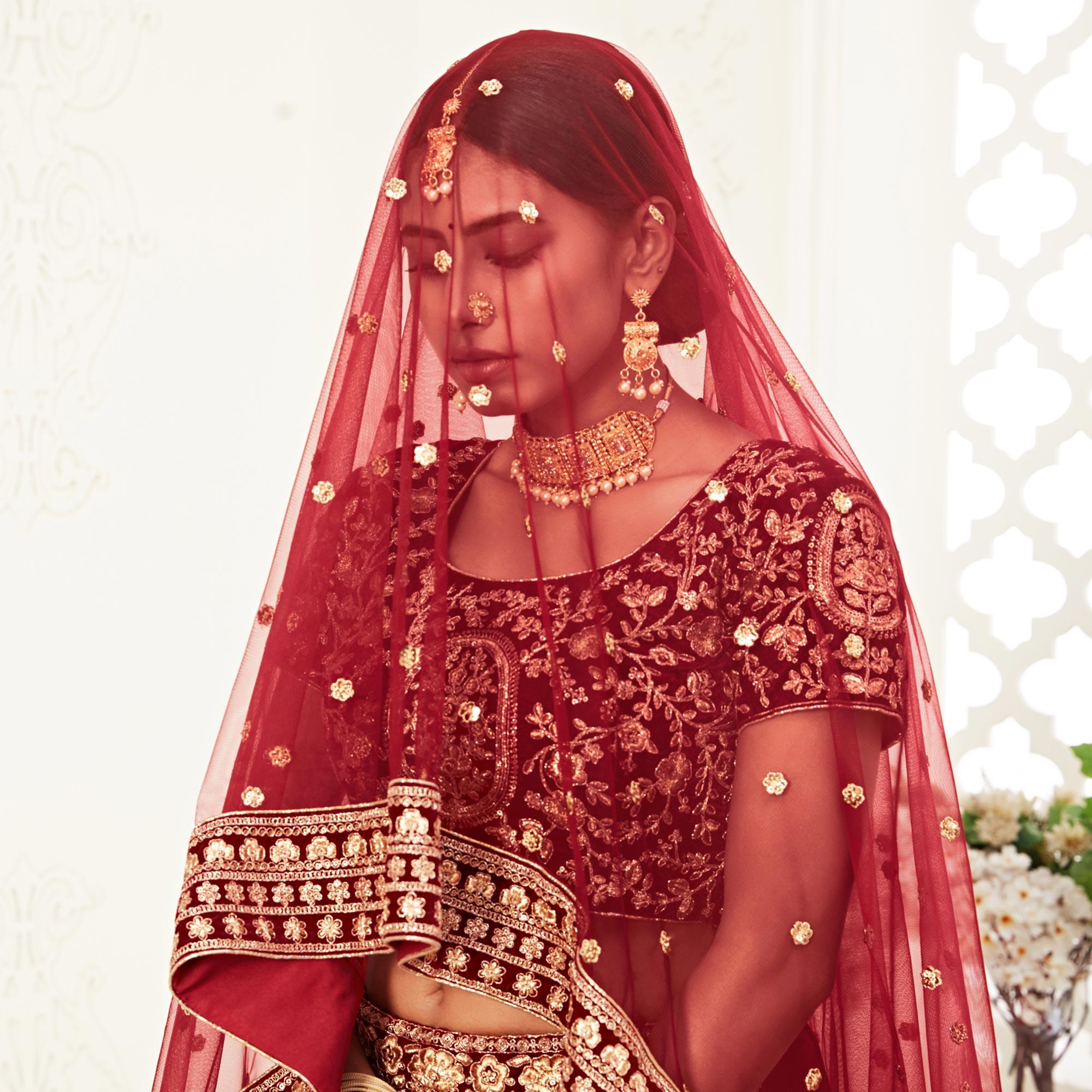 Red Wedding Wear Floral Sequins Embroidered Velvet Lehenga Choli - Peachmode