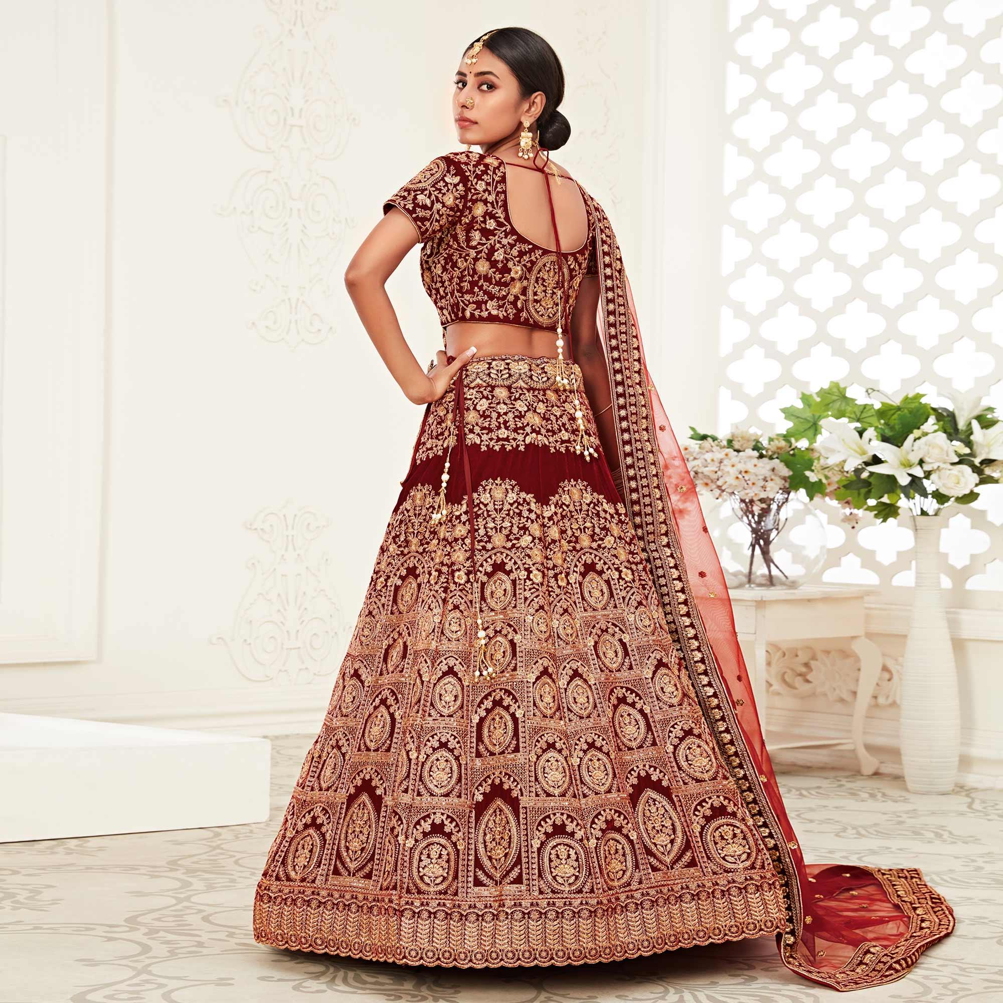 Red Wedding Wear Floral Sequins Embroidered Velvet Lehenga Choli - Peachmode