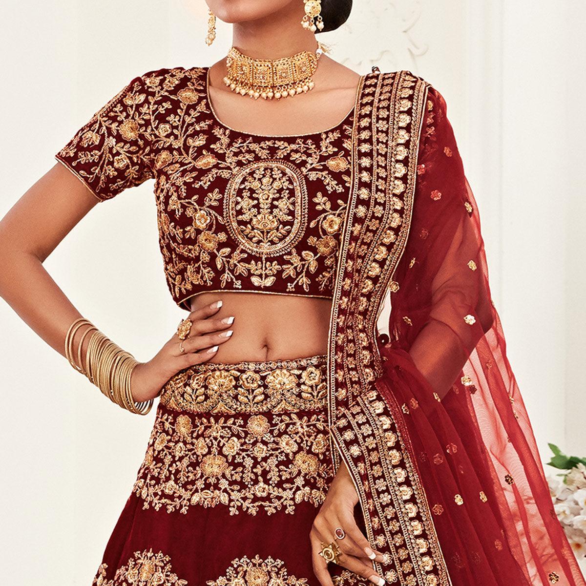 Red Wedding Wear Floral Sequins Embroidered Velvet Lehenga Choli - Peachmode