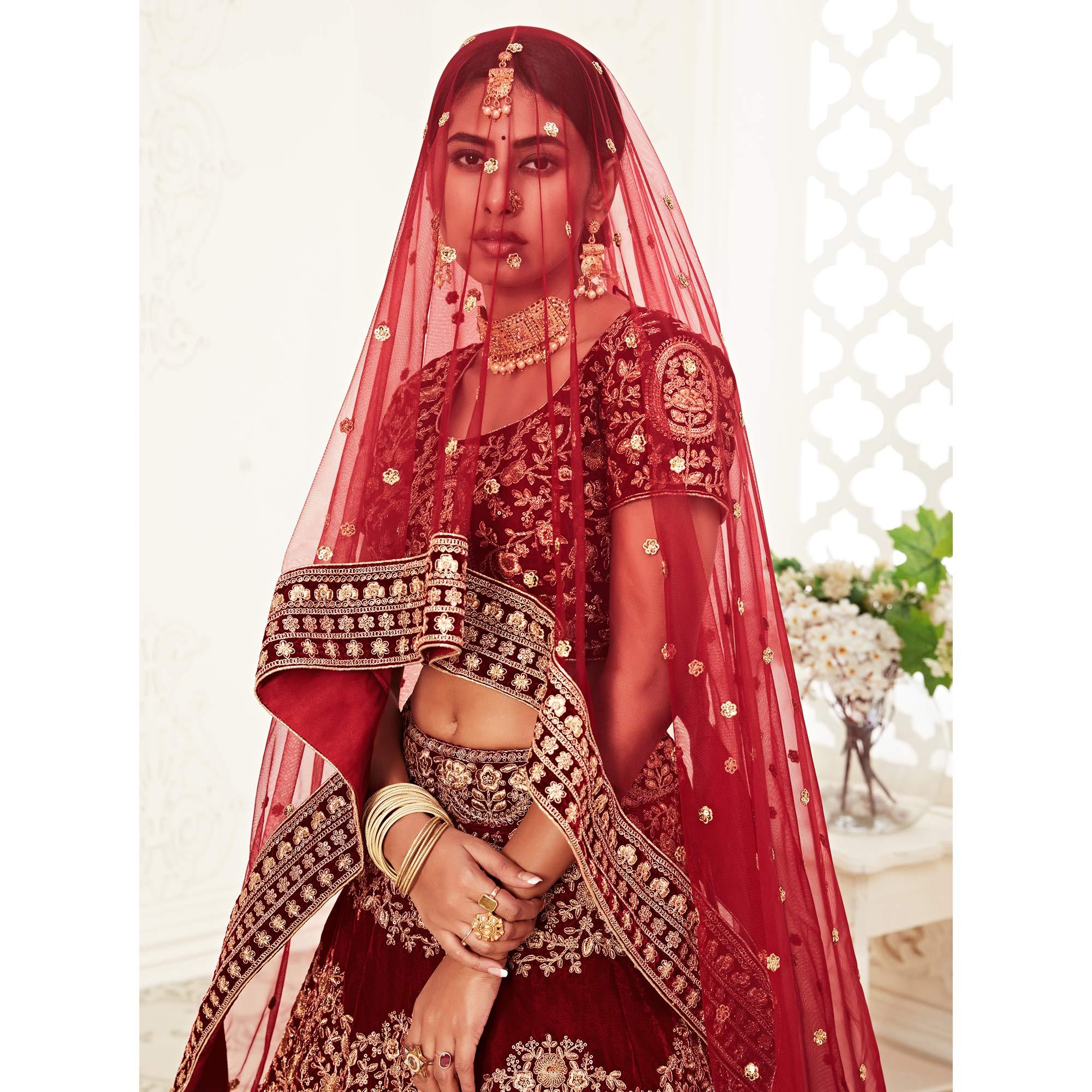 Red Wedding Wear Floral Sequins Embroidered Velvet Lehenga Choli - Peachmode