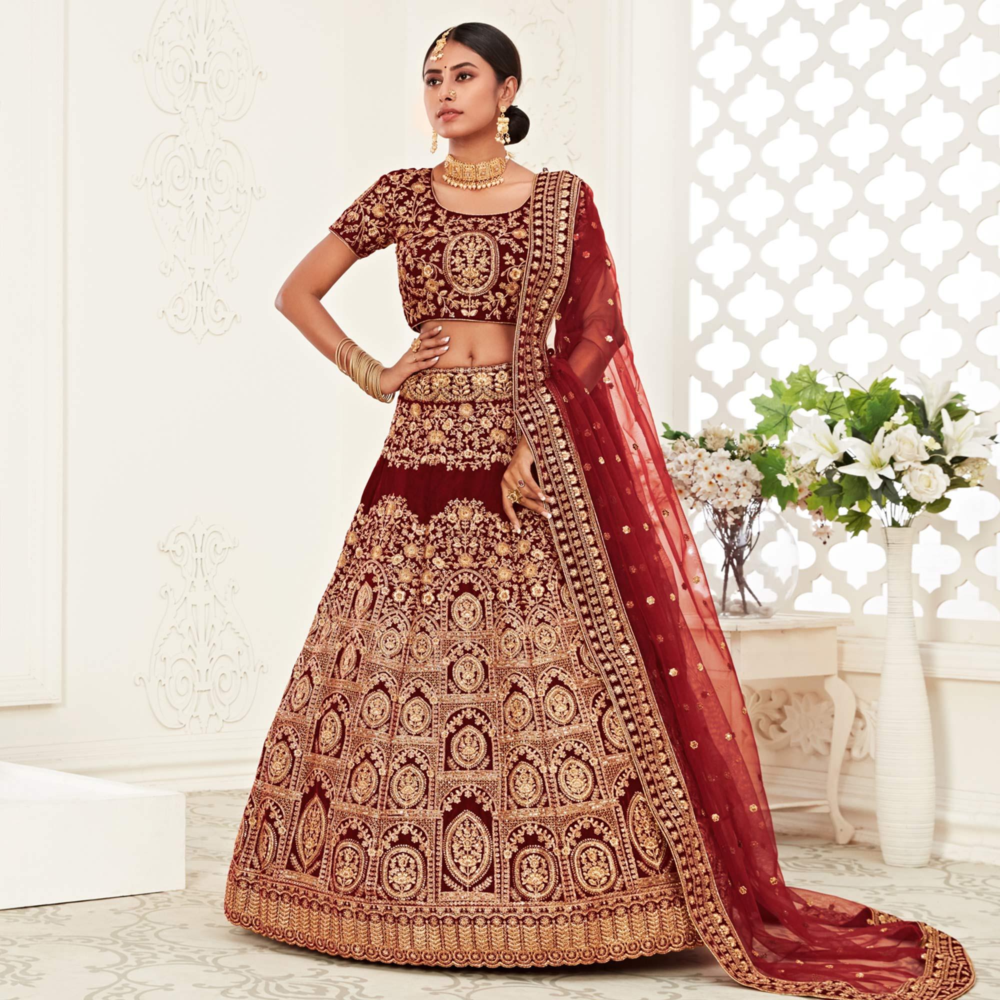Red Wedding Wear Floral Sequins Embroidered Velvet Lehenga Choli - Peachmode