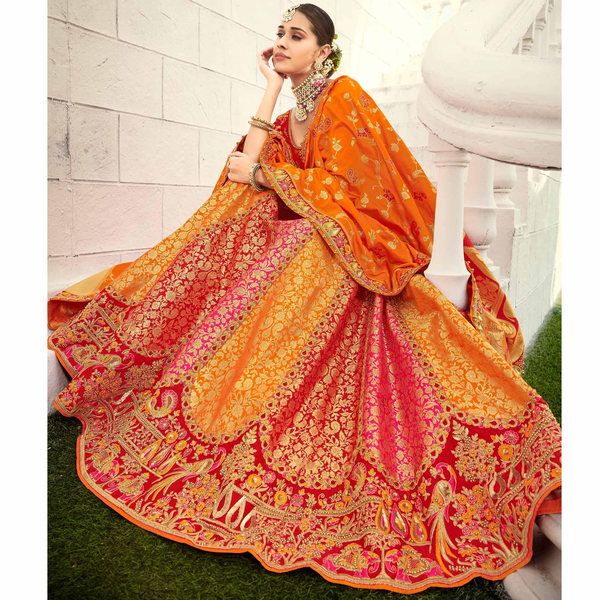 Red Wedding Wear Heavy Embroidered Banarasi Silk Lehenga Choli - Peachmode
