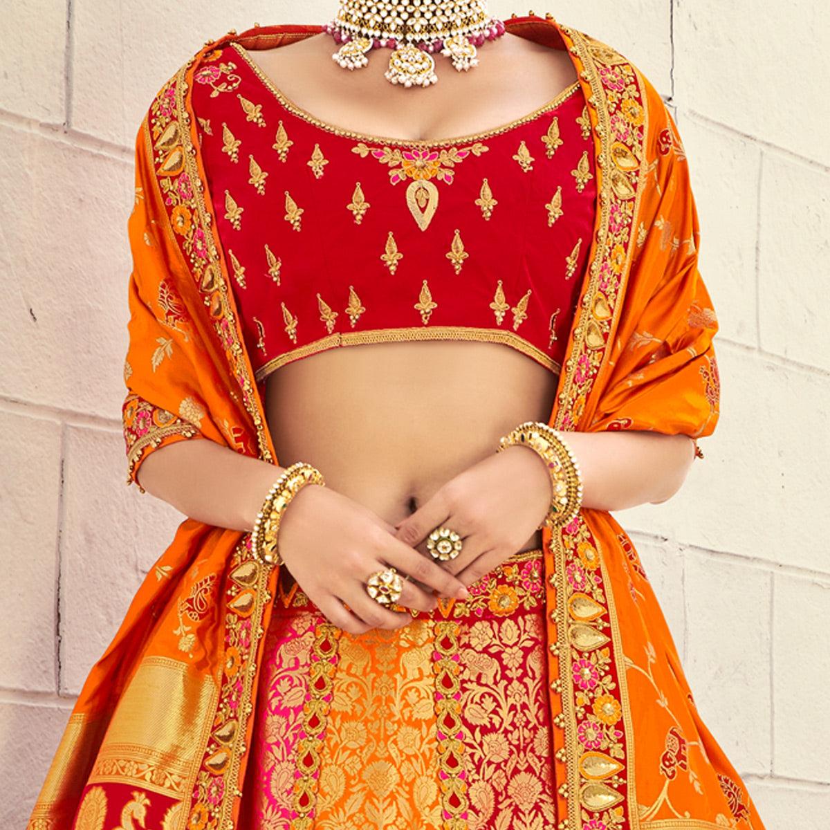 Red Wedding Wear Heavy Embroidered Banarasi Silk Lehenga Choli - Peachmode