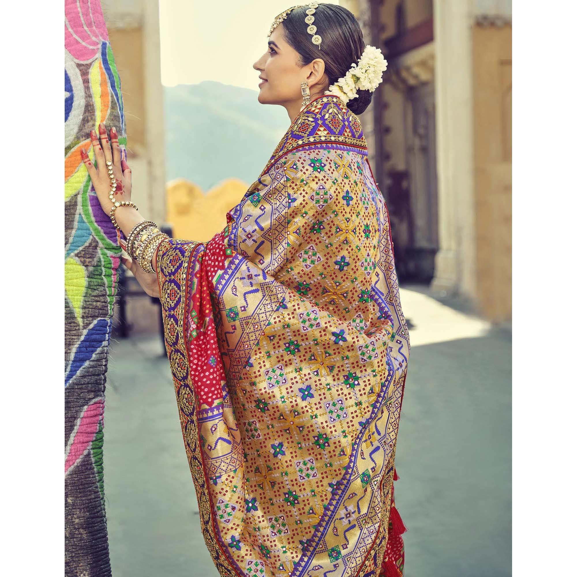 Red Wedding Wear Resham With Embellished Silk Bhandhani Patola Saree - Peachmode