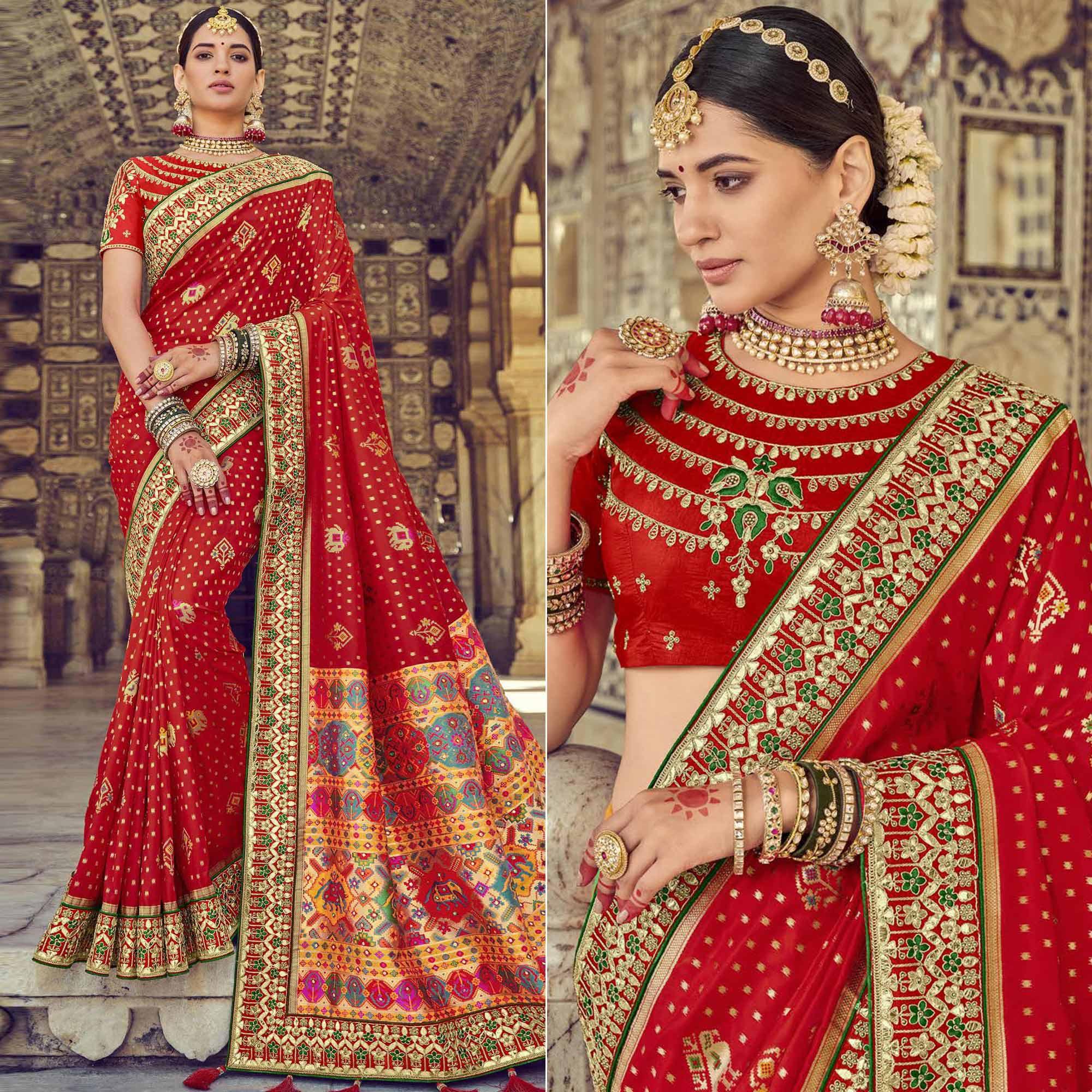 Red Wedding Wear Resham With Embellished Silk Patola Saree - Peachmode