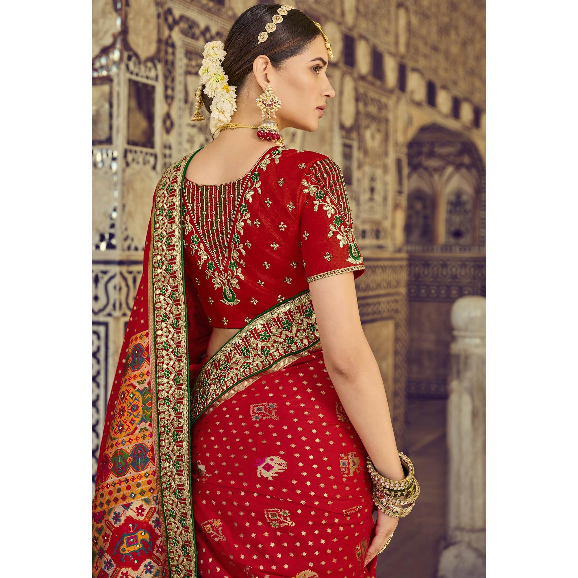 Red Wedding Wear Resham With Embellished Silk Patola Saree - Peachmode