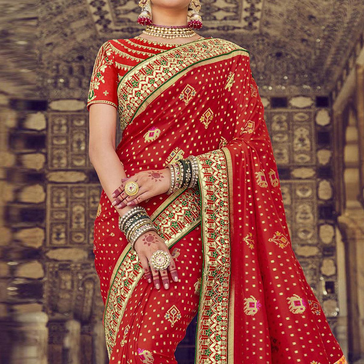 Red Wedding Wear Resham With Embellished Silk Patola Saree - Peachmode