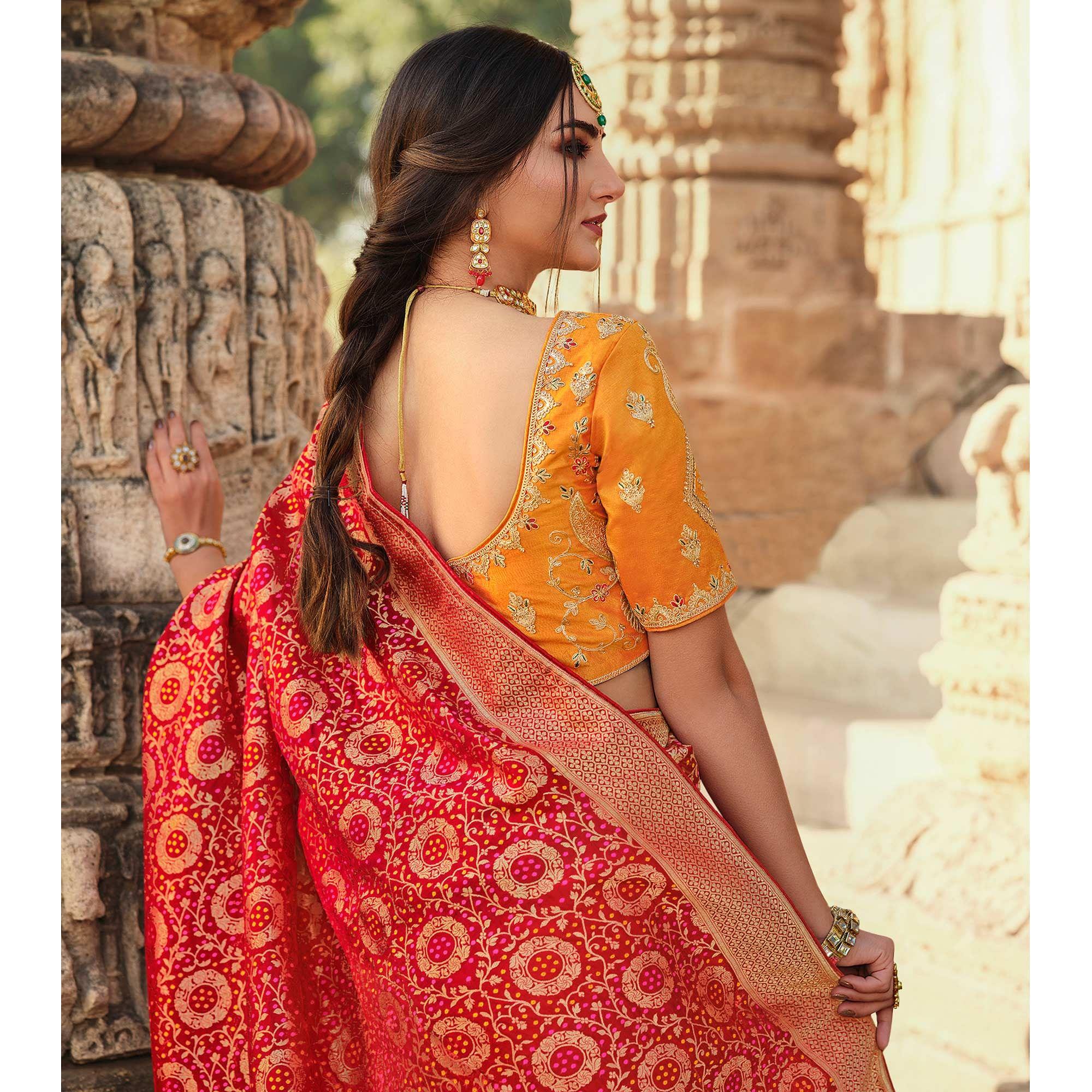 Red Wedding Wear Woven Silk Saree With Tassels - Peachmode