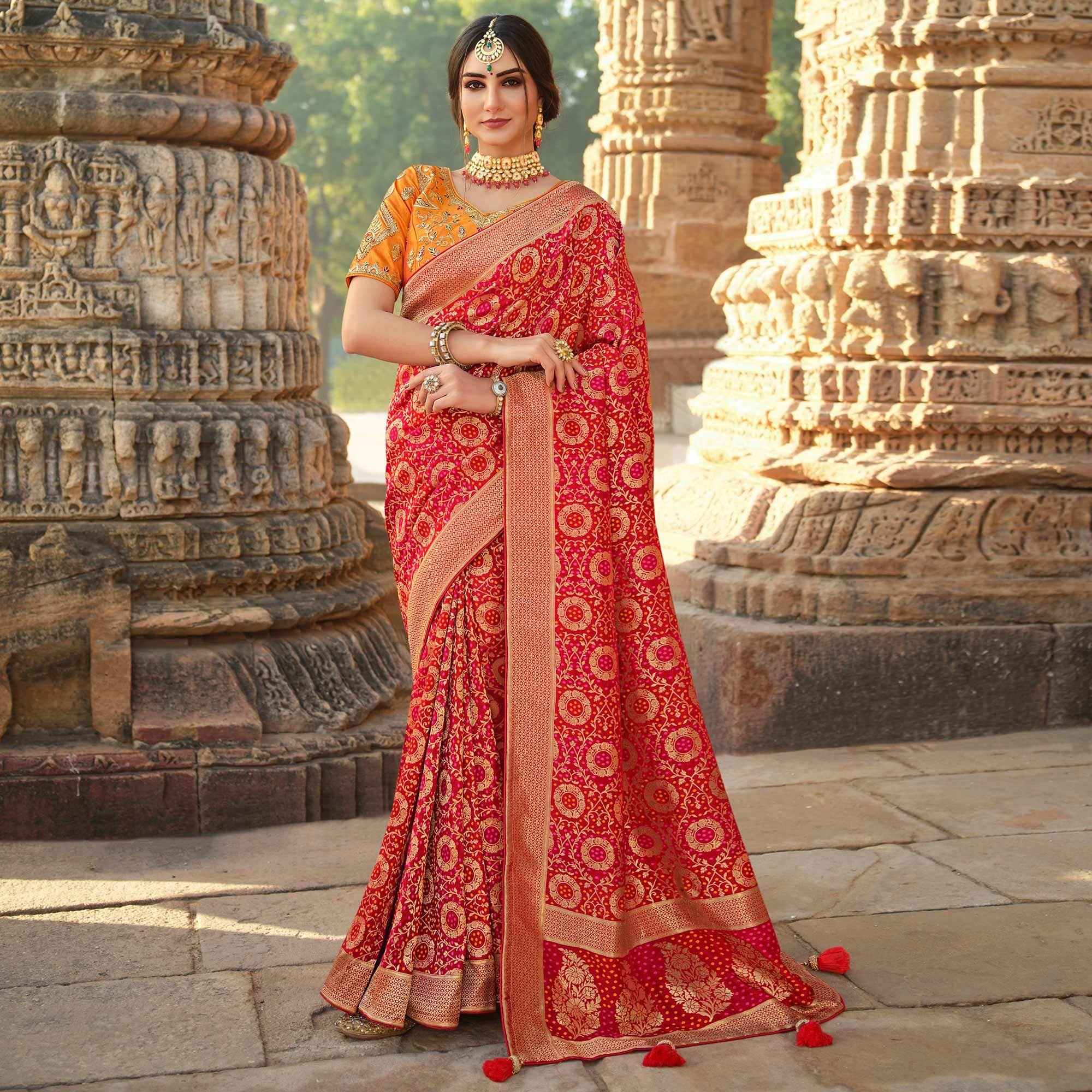 Red Wedding Wear Woven Silk Saree With Tassels - Peachmode