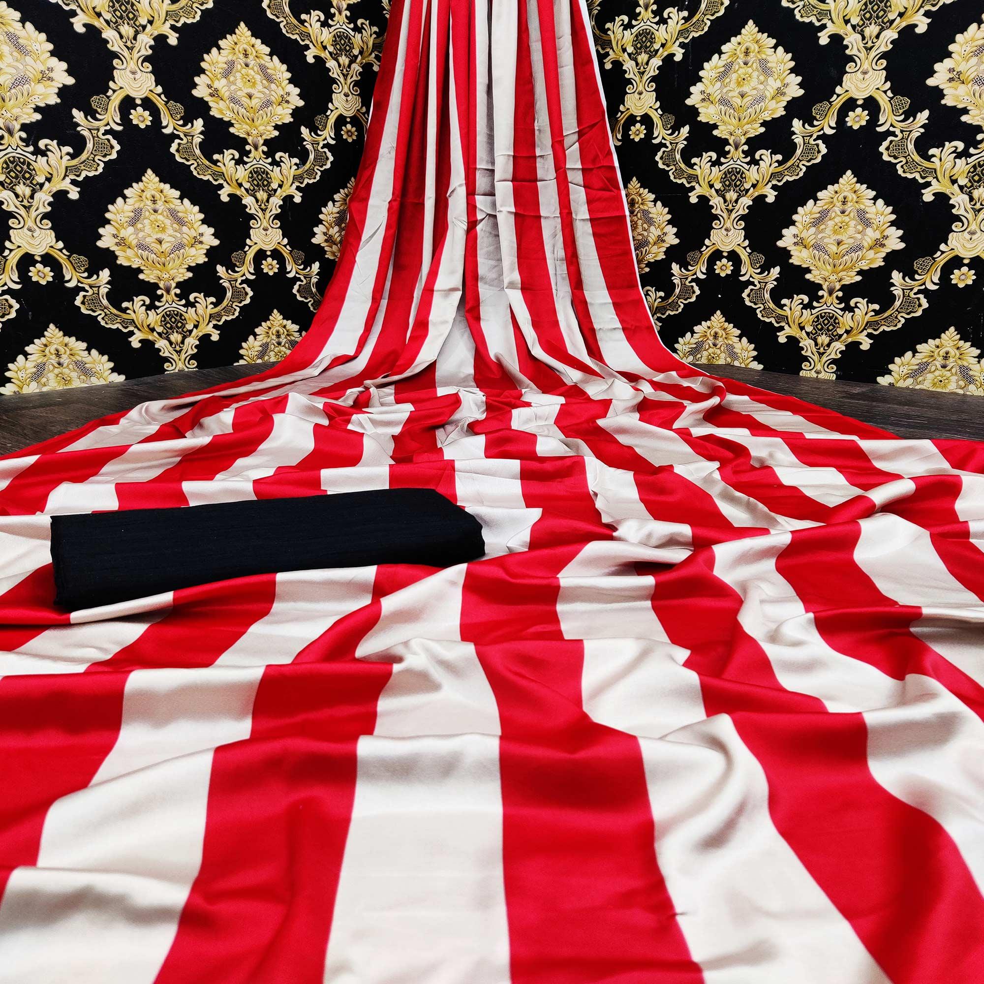 Red-White Casual Wear Stripes Digital Printed Satin Saree - Peachmode