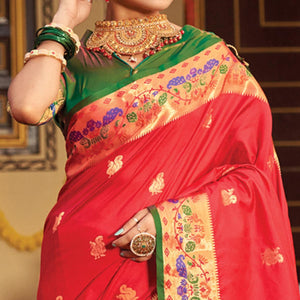 Red Woven Art Silk Paithani Saree With Tassels - Peachmode