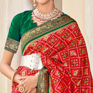 Red Woven Art Silk Patola Saree With Tassels - Peachmode