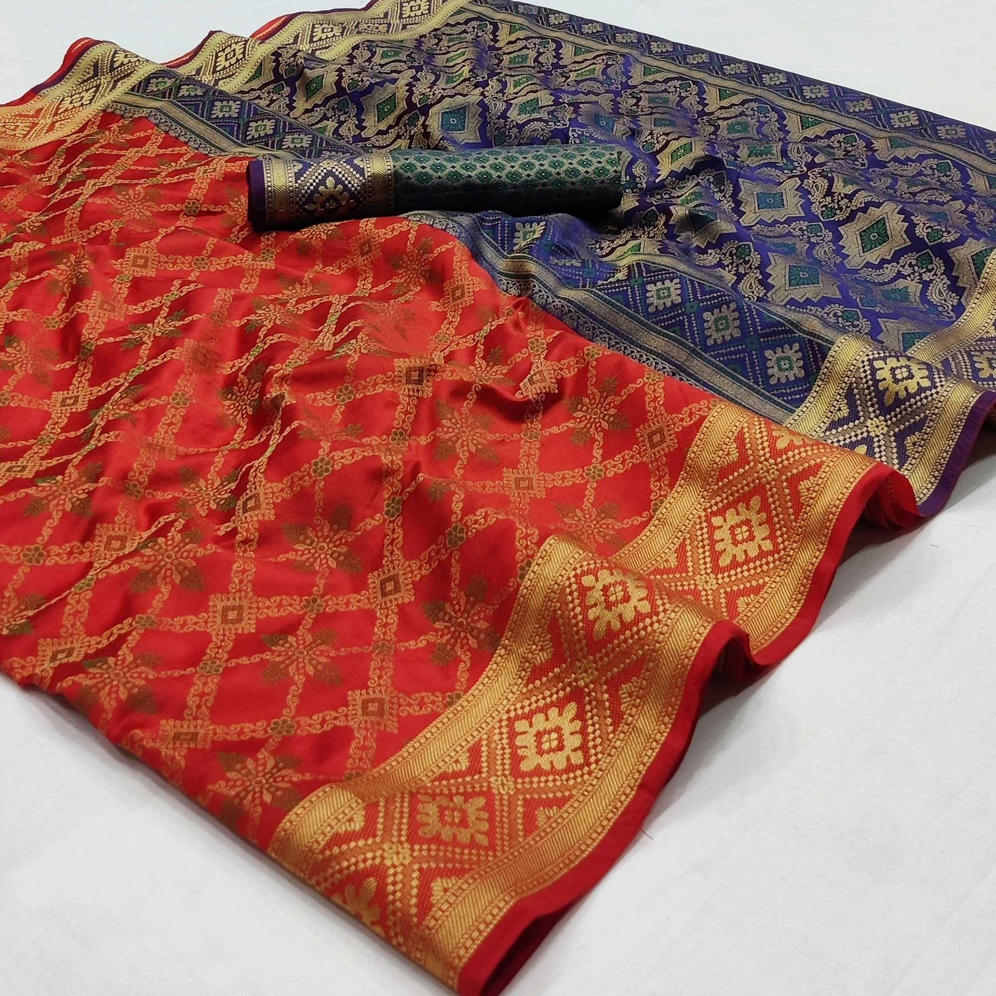 Red Woven Art Silk Saree - Peachmode