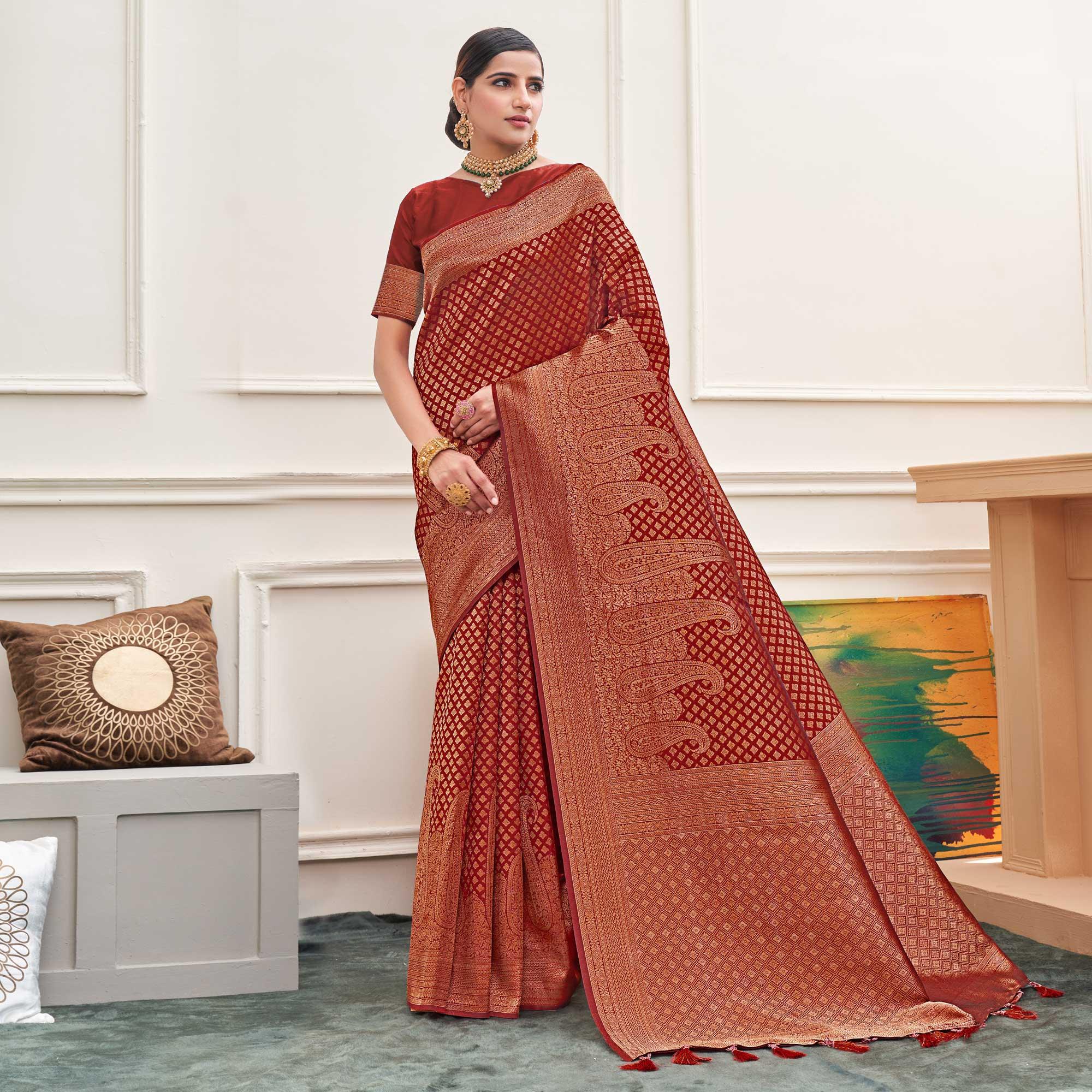 Red Woven Art Silk Saree - Peachmode