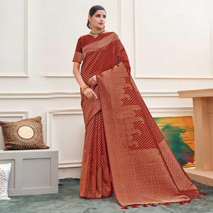 Red Woven Art Silk Saree - Peachmode
