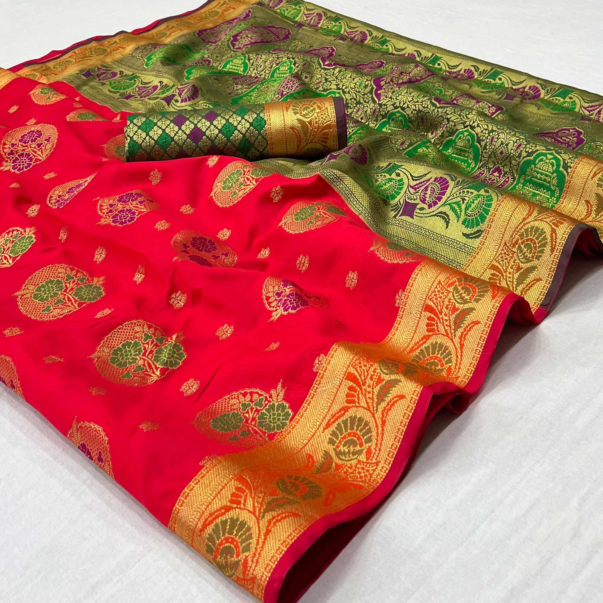 Red Woven Art Silk Saree - Peachmode