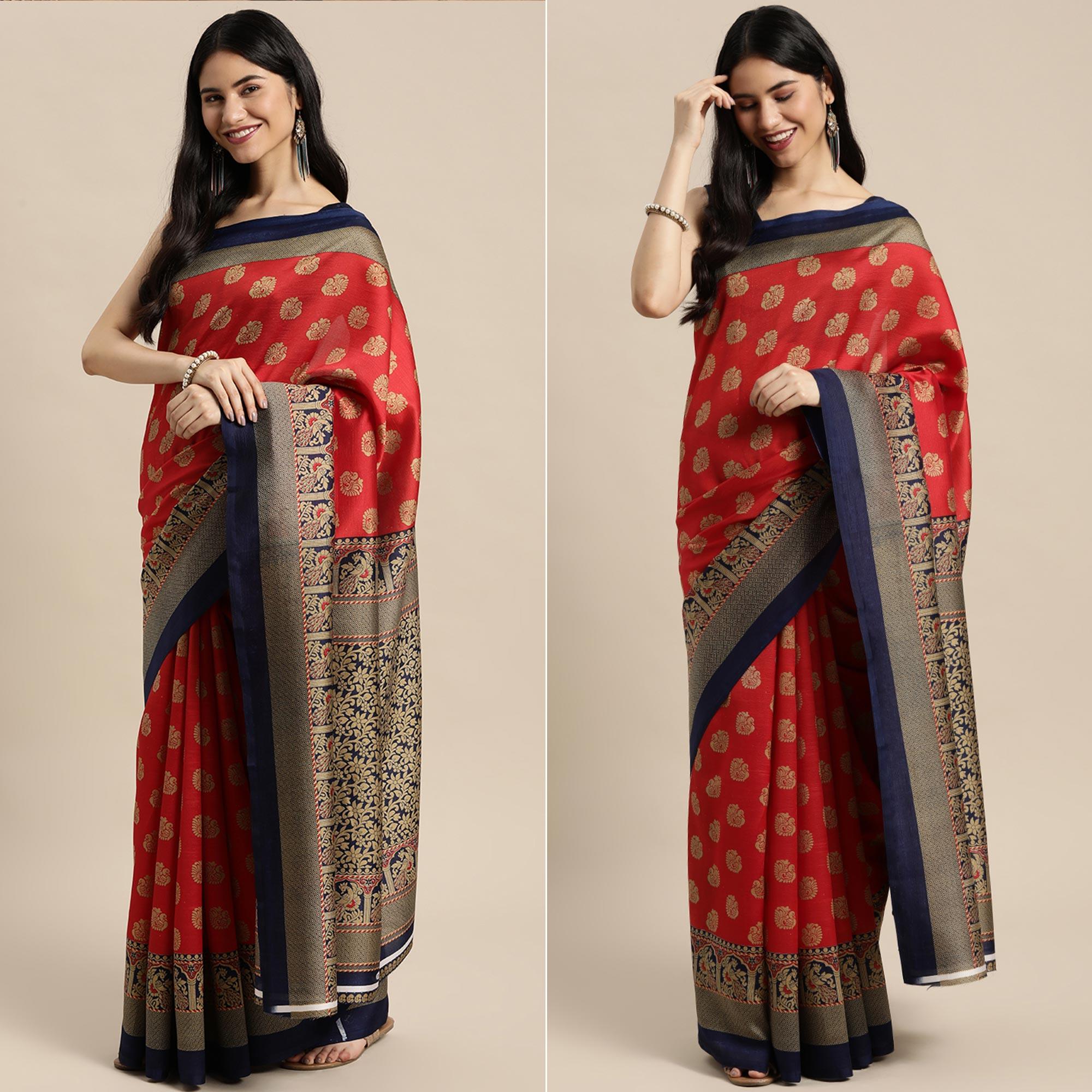 Red Woven Art Silk Saree - Peachmode